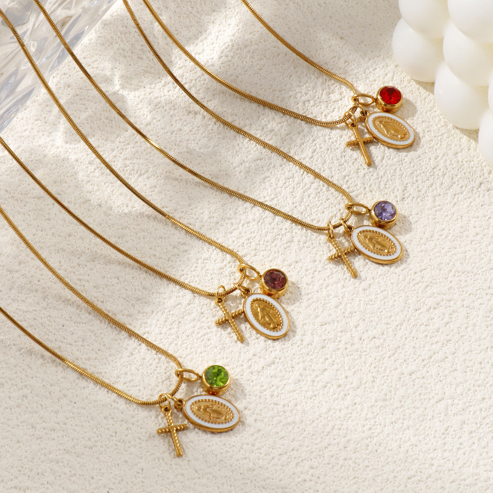 18K Real Gold Plated Square Snake Chain Cross Pendant Charm Necklace, 304 Stainless Steel & Rhinestone 45cm(17.7") + 5cm(2"), For Women, Jesus White Enamel Birthstone Retro Gift, Eco-friendly PVD Vacuum Plating, 1 Piece の画像