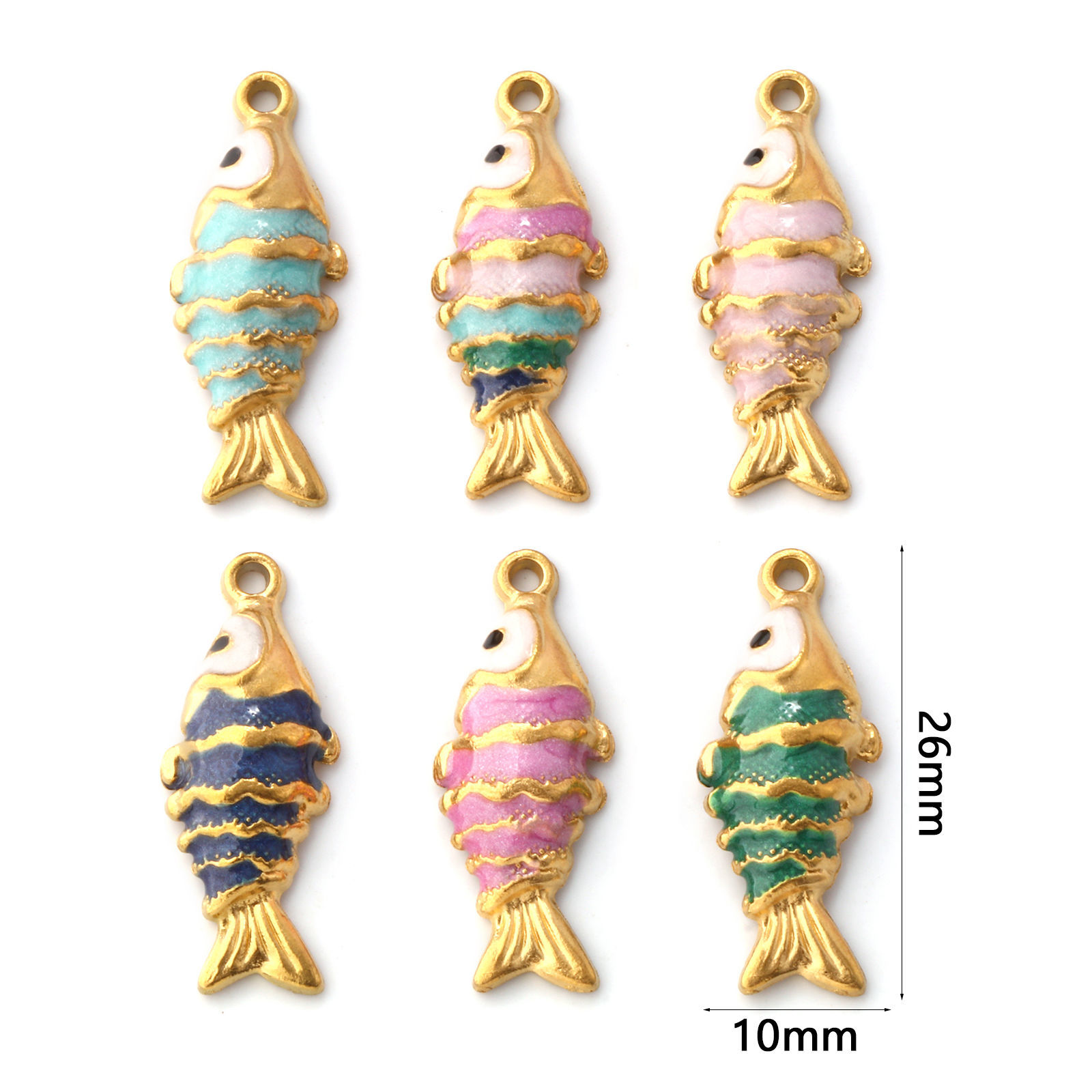 Picture of Eco-friendly PVD Vacuum Plating 304 Stainless Steel Ocean Jewelry Charms 18K Gold Plated Enamel Fish Animal Pearlized 26mm x 10mm