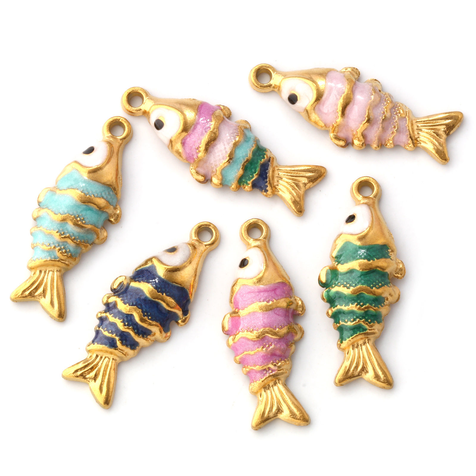 Picture of Eco-friendly PVD Vacuum Plating 304 Stainless Steel Ocean Jewelry Charms 18K Gold Plated Enamel Fish Animal Pearlized 26mm x 10mm