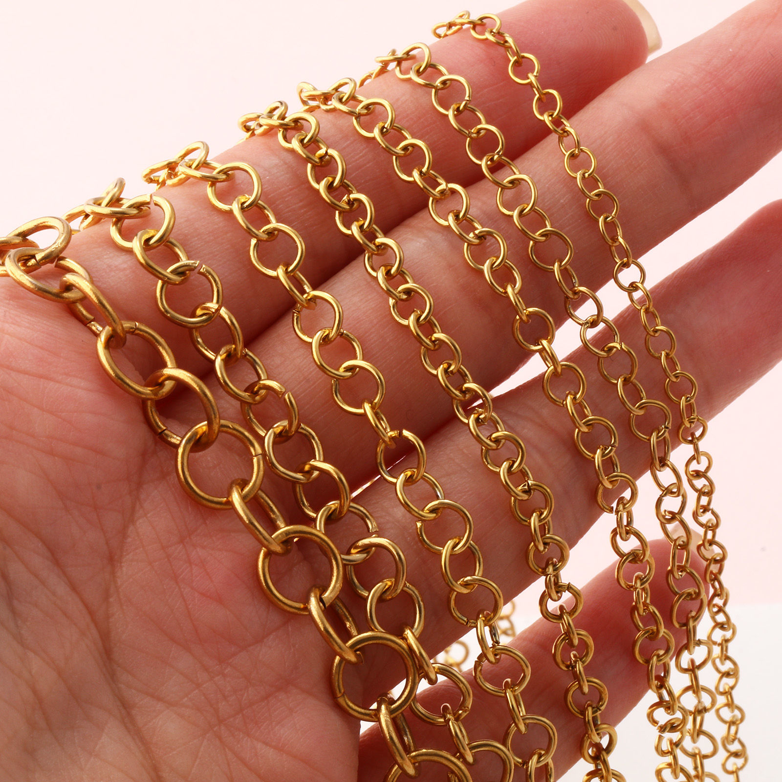 Picture of Eco-friendly PVD Vacuum Plating 304 Stainless Steel Open Rolo Chain For Handmade DIY Jewelry Making Findings 18K Real Gold Plated