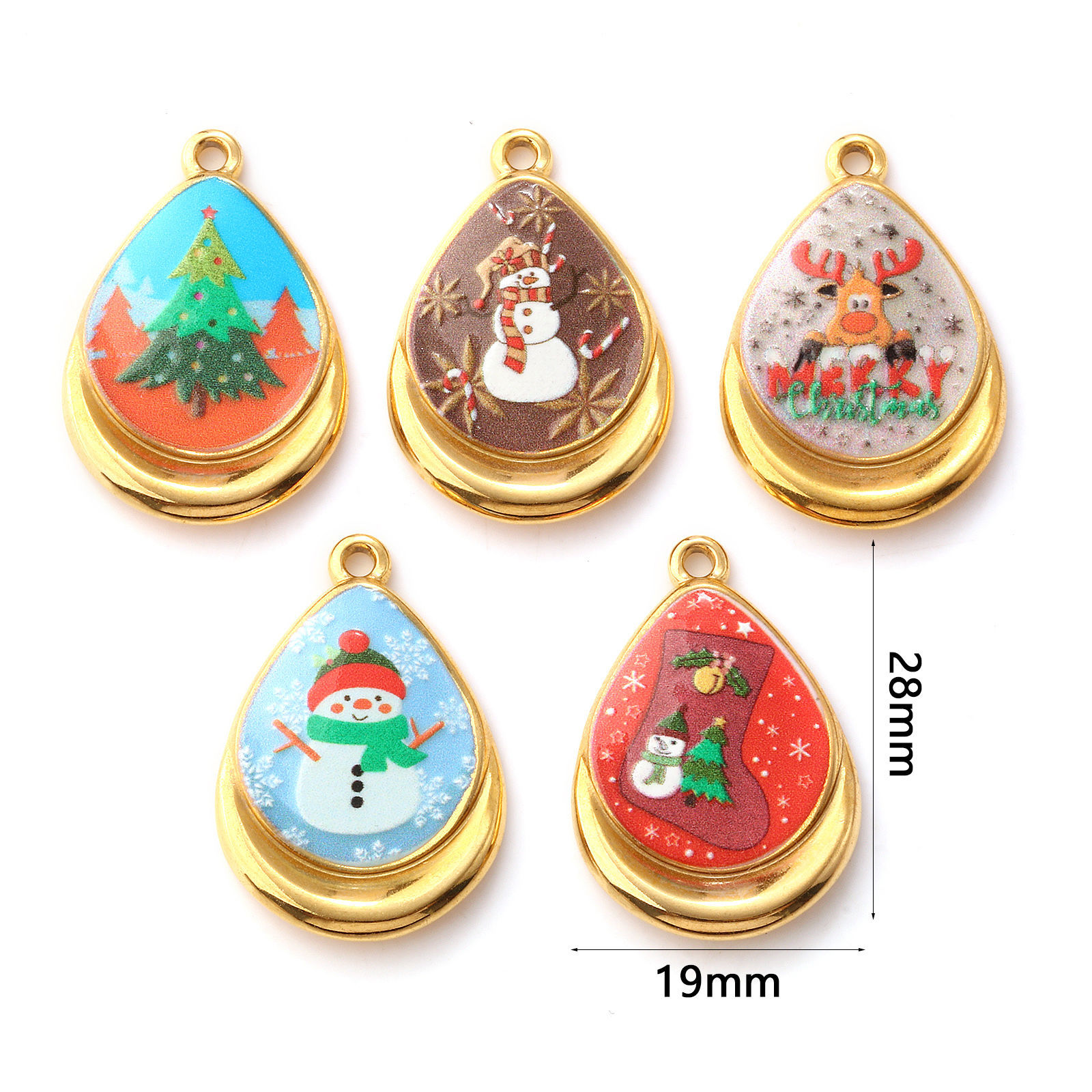 Bild von Umweltfreundliche PVD-Vakuumbeschichtung 304 Edelstahl Weihnachten Charms 18K Echtgold plattiert Bunt Tropfen Gedruckt 28mm x 19mm