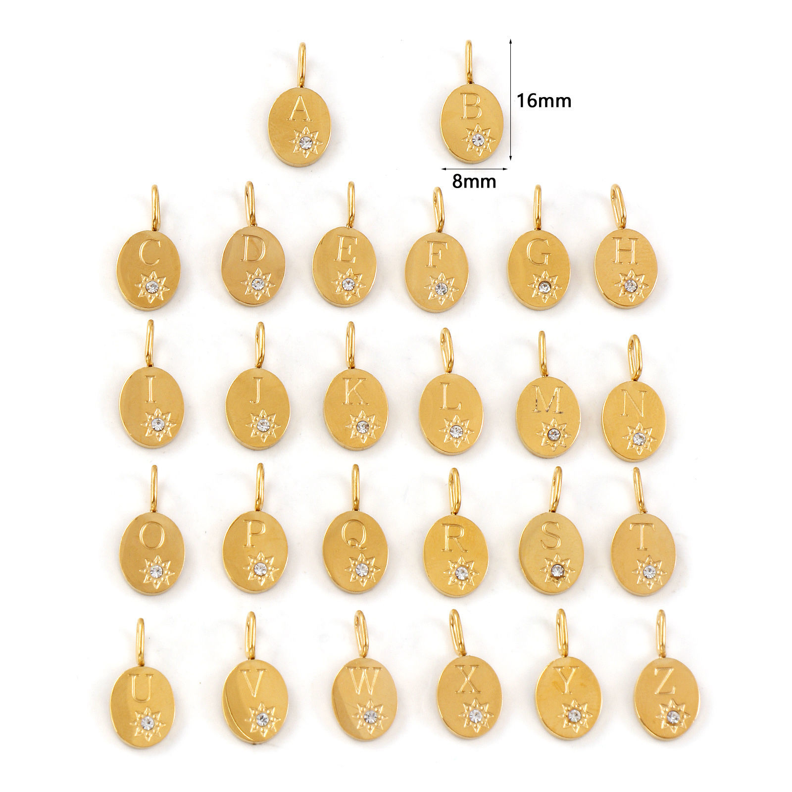 Picture of Eco-friendly PVD Vacuum Plating 304 Stainless Steel & Cubic Zirconia Capital Alphabet Initial Letter Name Charms 18K Real Gold Plated Oval Star Message " A-Z " Clear Cubic Zirconia 16mm x 8mm