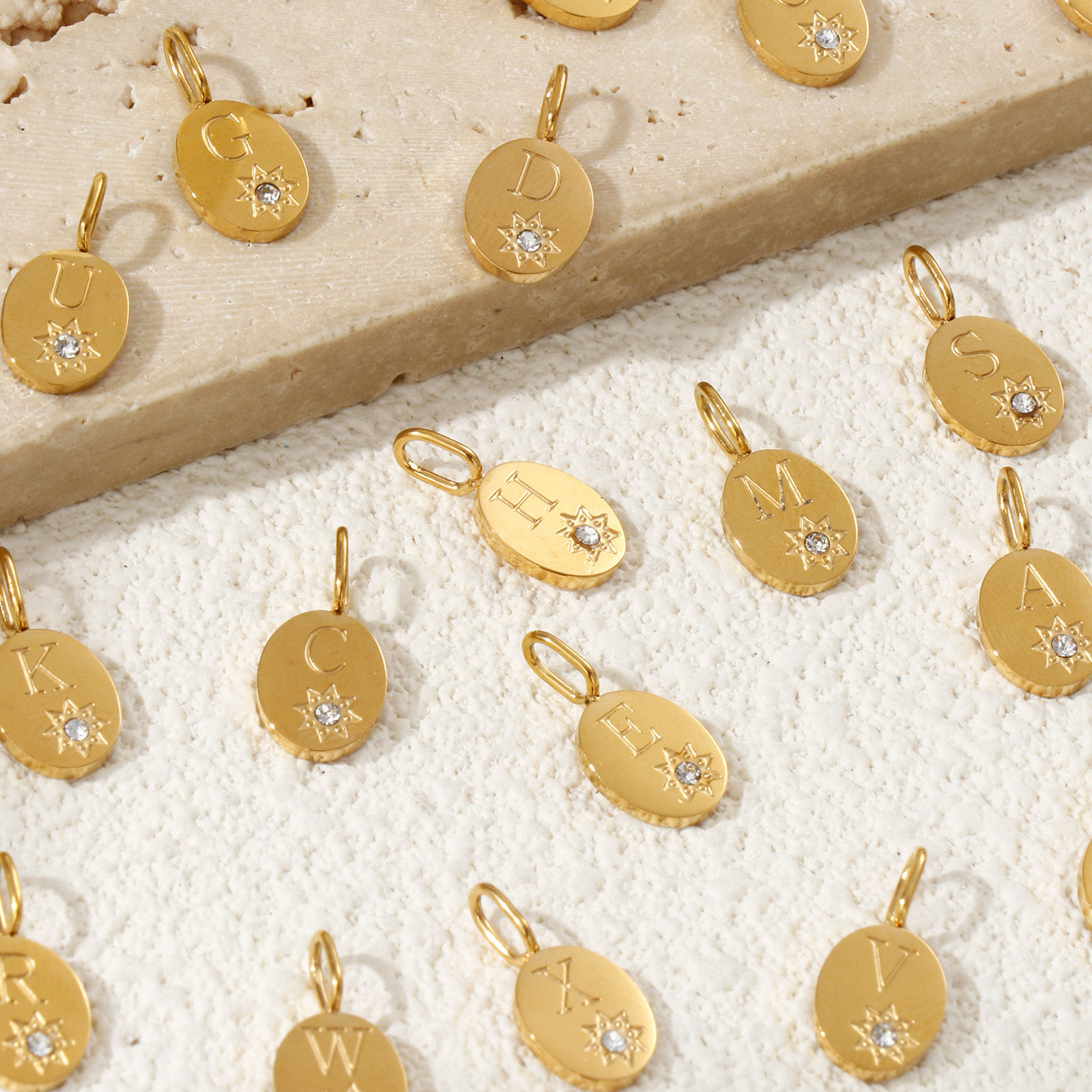 Picture of Eco-friendly PVD Vacuum Plating 304 Stainless Steel & Cubic Zirconia Capital Alphabet Initial Letter Name Charms 18K Real Gold Plated Oval Star Message " A-Z " Clear Cubic Zirconia 16mm x 8mm