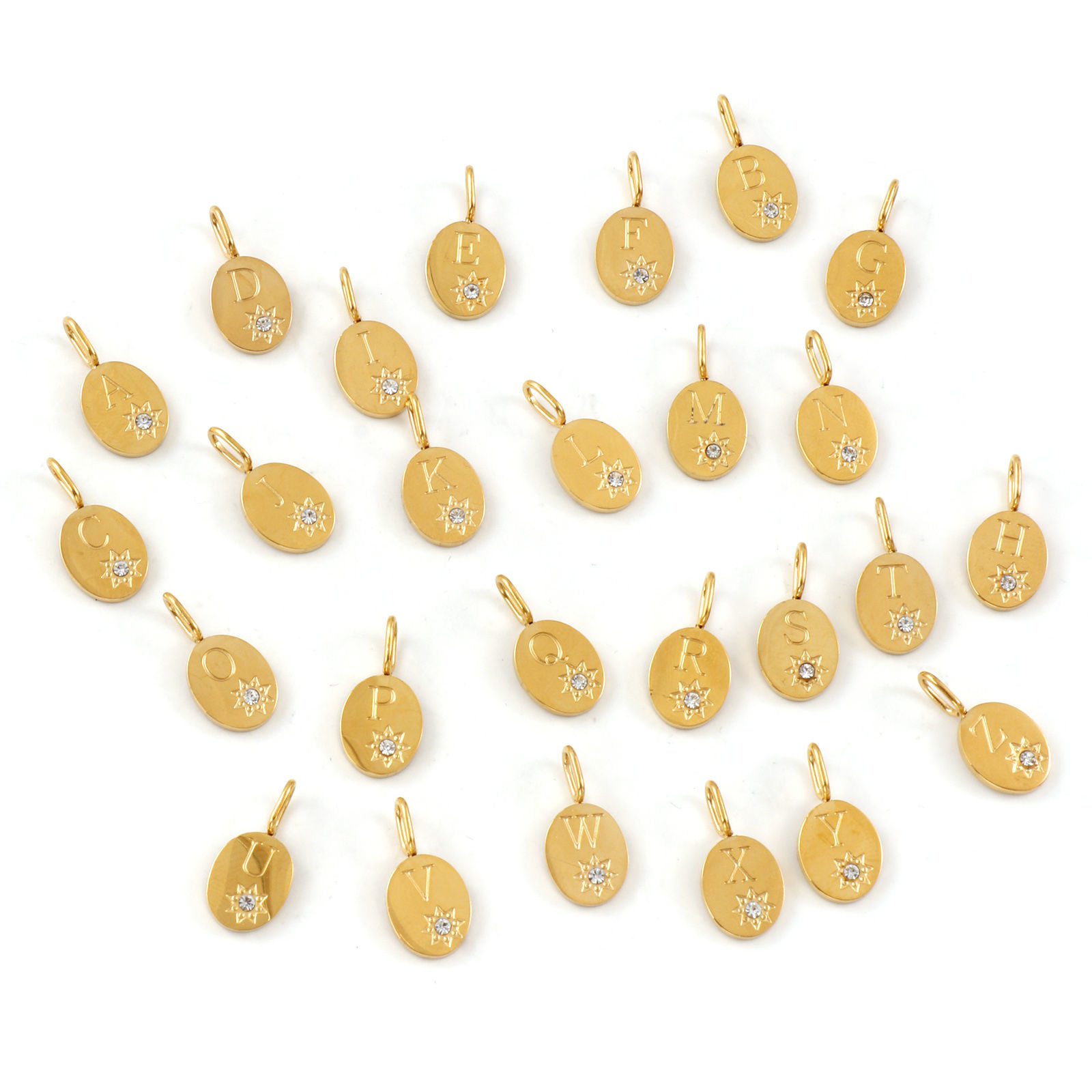 Picture of Eco-friendly PVD Vacuum Plating 304 Stainless Steel & Cubic Zirconia Capital Alphabet Initial Letter Name Charms 18K Real Gold Plated Oval Star Message " A-Z " Clear Cubic Zirconia 16mm x 8mm