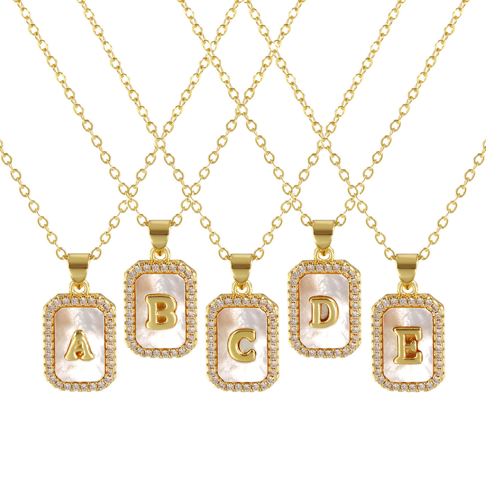 Imagen de 18K Real Gold Plated Link Cable Chain Octagon Pendant Charm Necklace, Natural Shell & Brass 46cm(18.1") + 6cm(2.4"), For Women, Clear Cubic Zirconia Message " A-Z " White Micro Pave, Retro Capital Alphabet Initial Letter Name Gift, Eco-friendly, 1 Piece