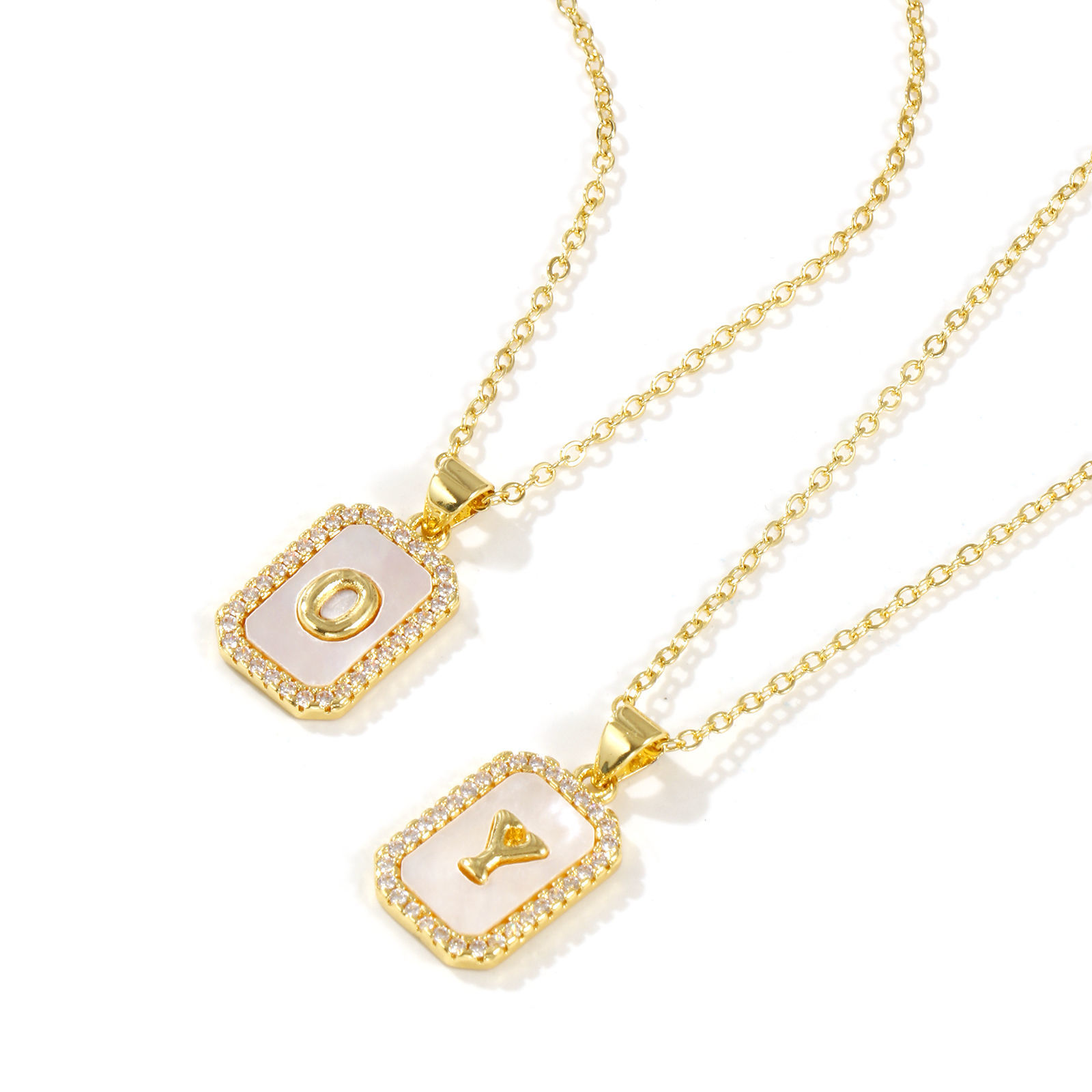 Imagen de 18K Real Gold Plated Link Cable Chain Octagon Pendant Charm Necklace, Natural Shell & Brass 46cm(18.1") + 6cm(2.4"), For Women, Clear Cubic Zirconia Message " A-Z " White Micro Pave, Retro Capital Alphabet Initial Letter Name Gift, Eco-friendly, 1 Piece