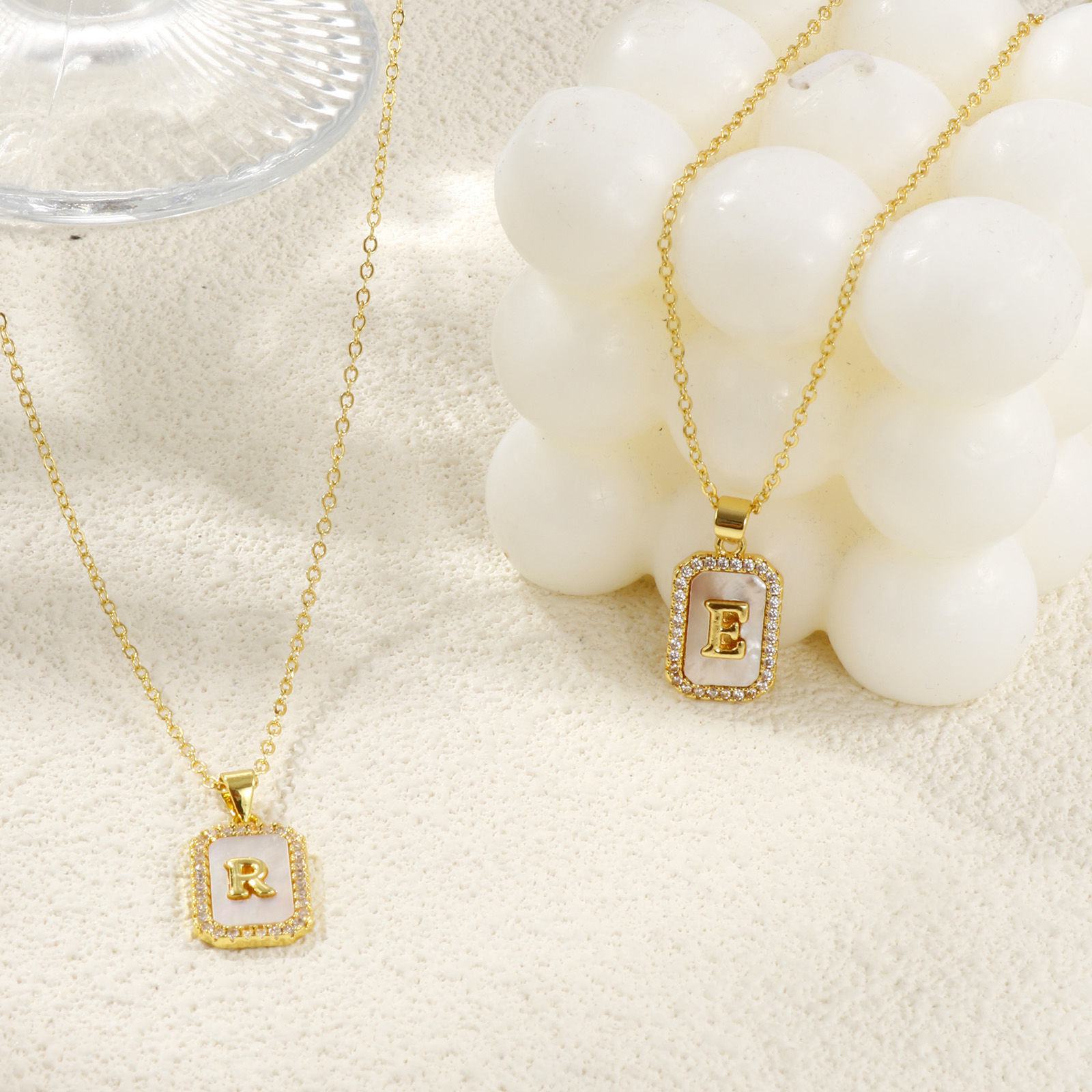 Imagen de 18K Real Gold Plated Link Cable Chain Octagon Pendant Charm Necklace, Natural Shell & Brass 46cm(18.1") + 6cm(2.4"), For Women, Clear Cubic Zirconia Message " A-Z " White Micro Pave, Retro Capital Alphabet Initial Letter Name Gift, Eco-friendly, 1 Piece