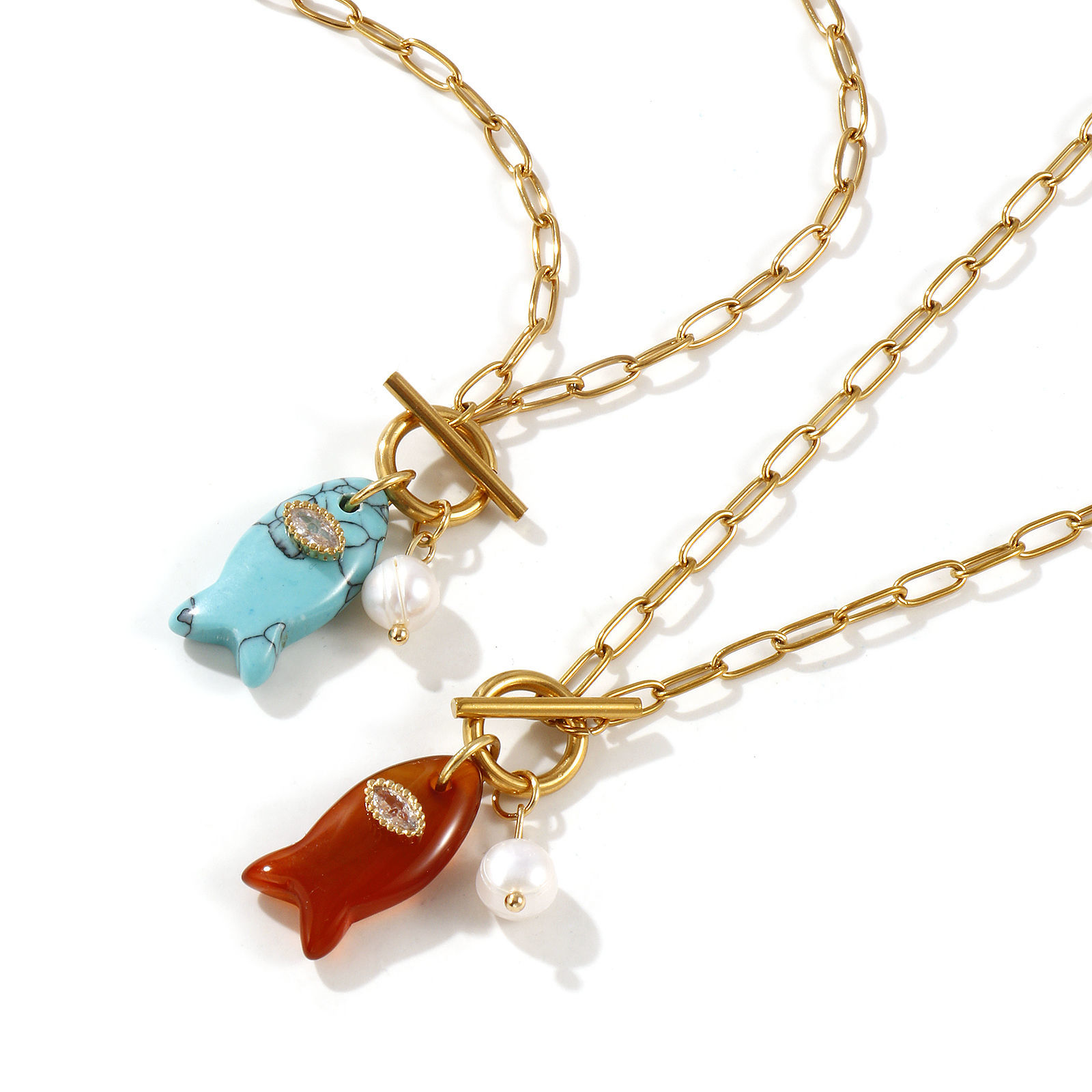 Picture of 18K Real Gold Plated Paperclip Link Chain Fish Animal Pendant Charm Necklace, 304 Stainless Steel & Gemstone 45cm(17.7"), For Women, Clear Rhinestone Ocean Jewelry Stylish Gift, Eco-friendly PVD Vacuum Plating, 1 Piece