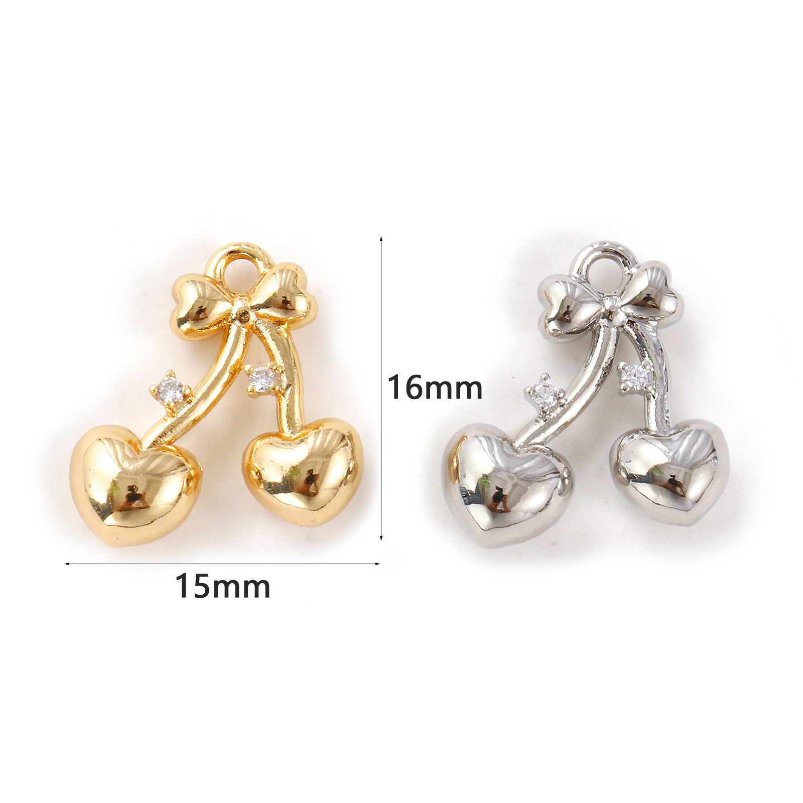 Bild von Umweltfreundlich Messing Valentinstag Charms Echtgold plattiert Kirsche Herz 3D Klar Kubischer Zirkon 16mm x 15mm