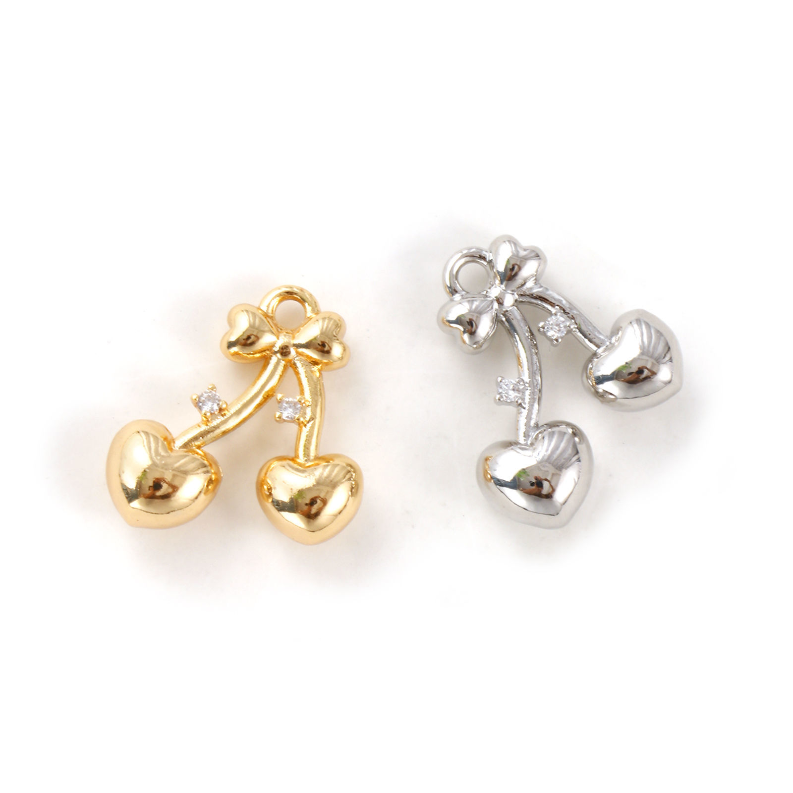 Bild von Umweltfreundlich Messing Valentinstag Charms Echtgold plattiert Kirsche Herz 3D Klar Kubischer Zirkon 16mm x 15mm