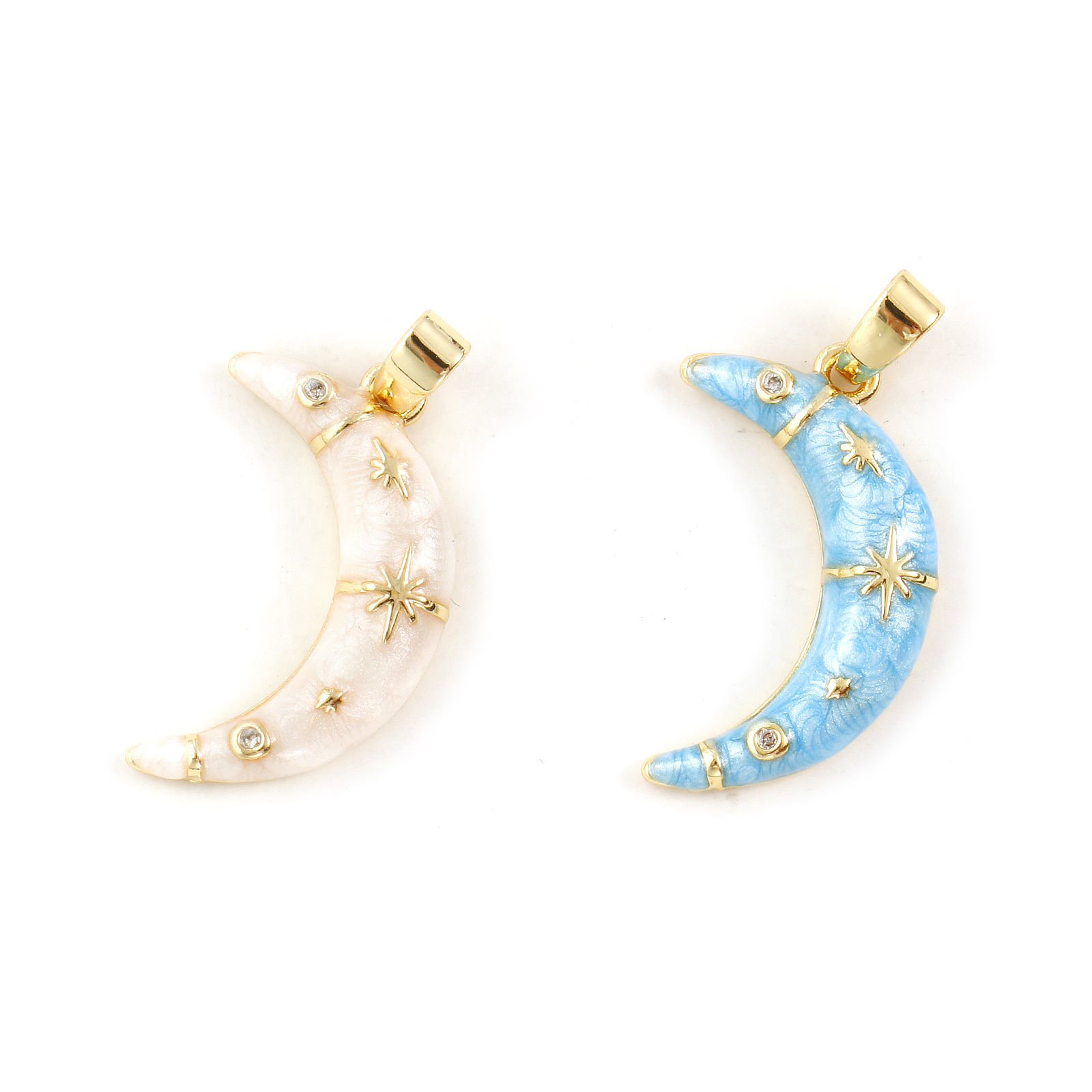 Bild von Umweltfreundlich Messing Galaxis Charm-Anhänger 18K Echtgold plattiert Emaille Halbmond Stern Perlmuttartig Klar Kubischer Zirkon 24mm x 12mm