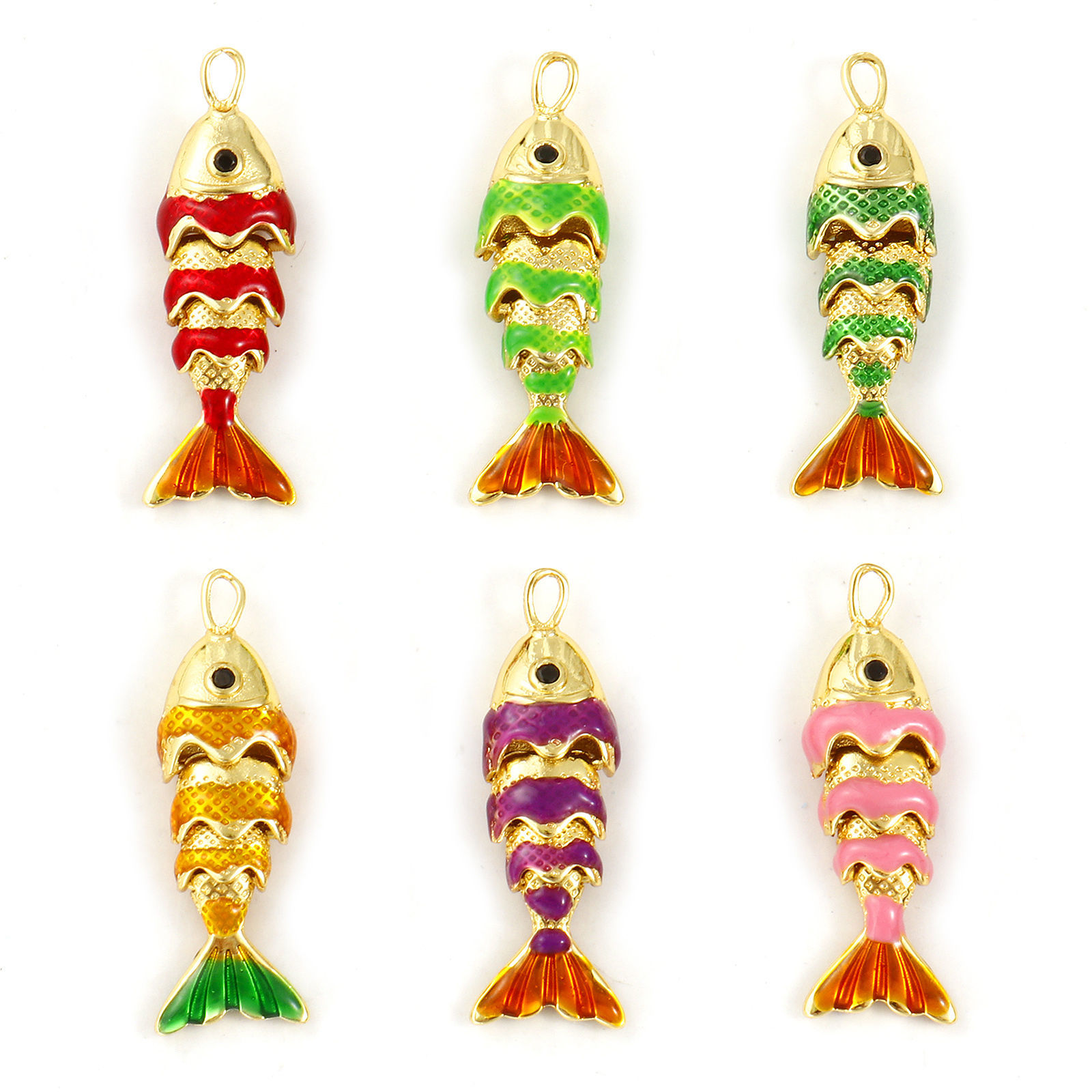 1 個 真鍮 海ジュエリー チャーム 18Kゴールドメッキ エナメル 魚 3D 可動式 黒 ジルコン 28mm x 9mm、 の画像