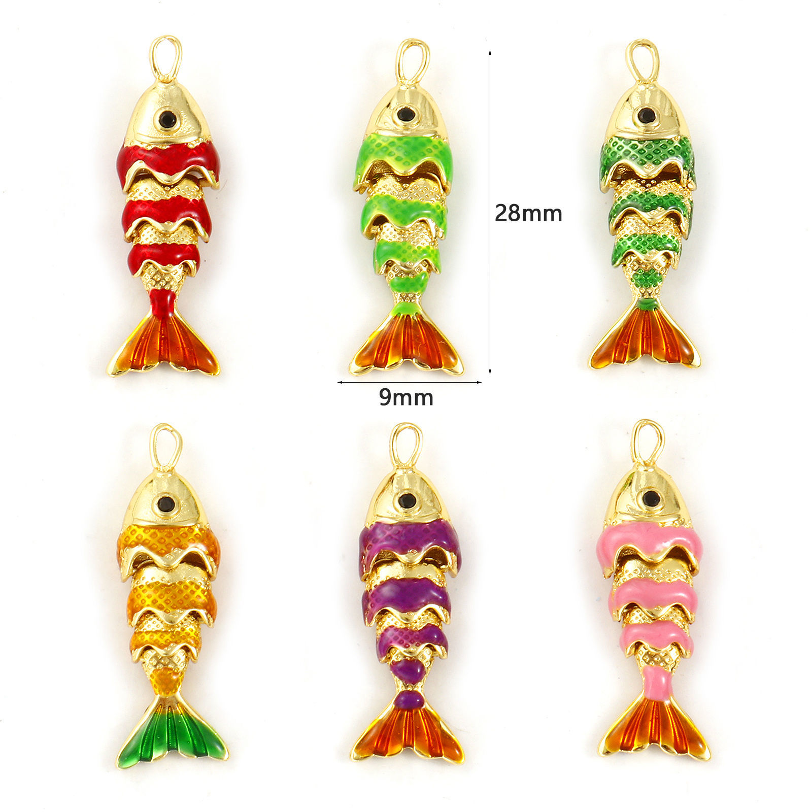 1 個 真鍮 海ジュエリー チャーム 18Kゴールドメッキ エナメル 魚 3D 可動式 黒 ジルコン 28mm x 9mm、 の画像