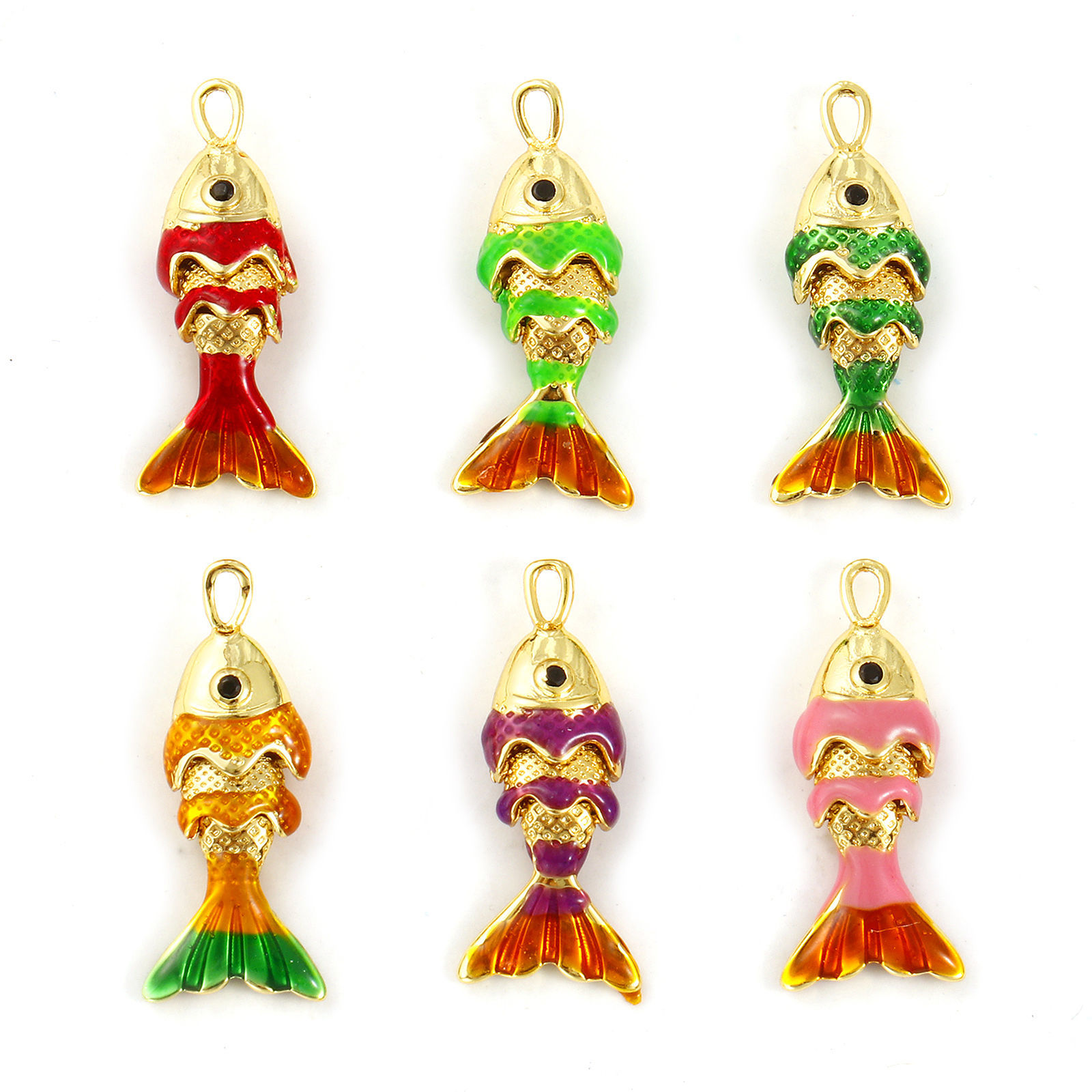 Bild von Messing Ozean Schmuck Charms 18K Vergoldet Emaille Fisch 3D Beweglich Schwarz Kubischer Zirkon 22mm x 9mm