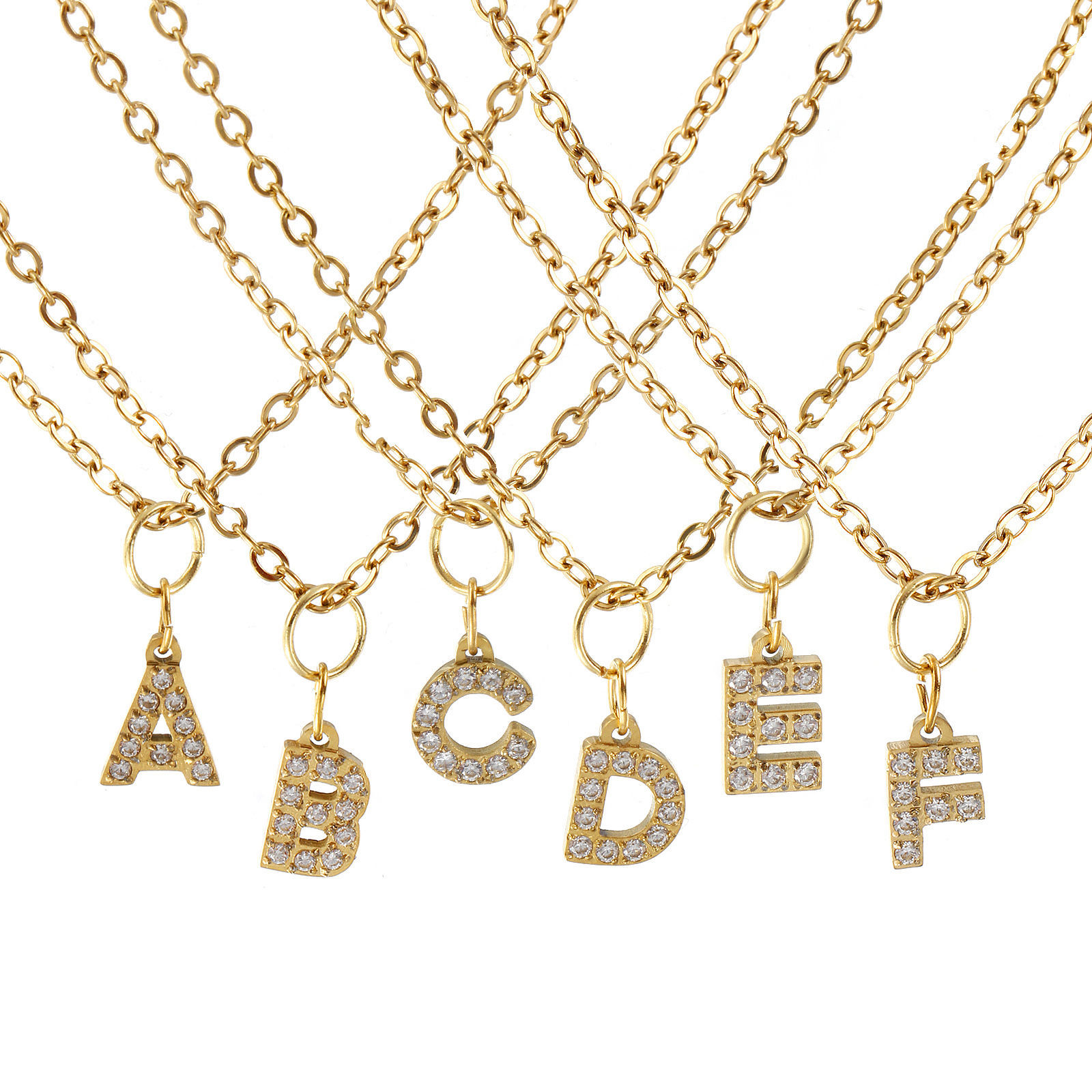 Imagen de 18K Oro Real Chapado Cadena de Cable Cruz Collar con Colgante, 304 Acero Inoxidable 45cm + 5cm, Para Mujeres, Transparente Rhinestone Mensaje " A-Z " Micro Pave, Letra Mayúscula Elegante Regalo, Recubrimiento al Vacío PVD Ecológico, 1 Unidad