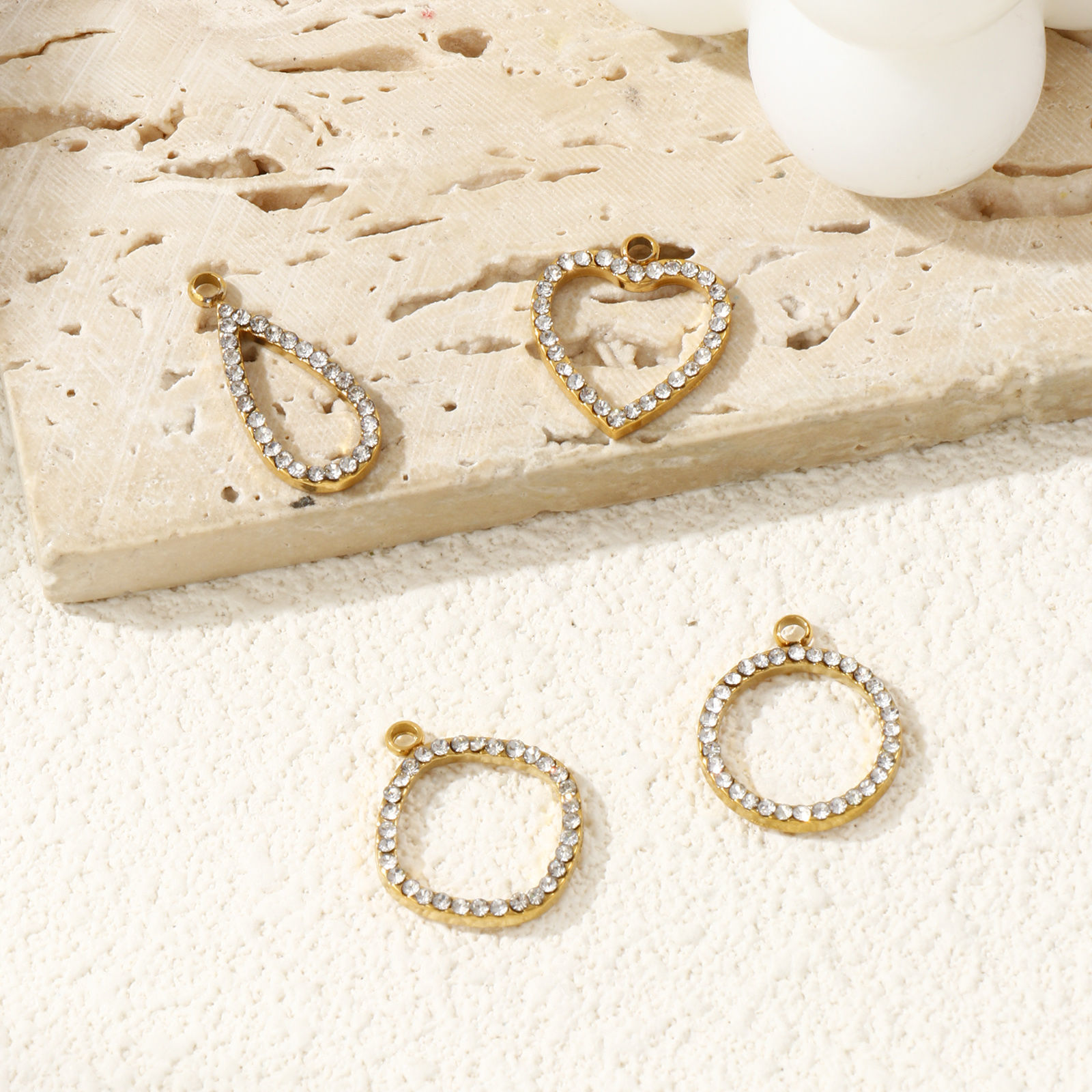 Picture of Eco-friendly PVD Vacuum Plating 304 Stainless Steel Geometric Charms 18K Gold Plated Hollow Clear Cubic Zirconia