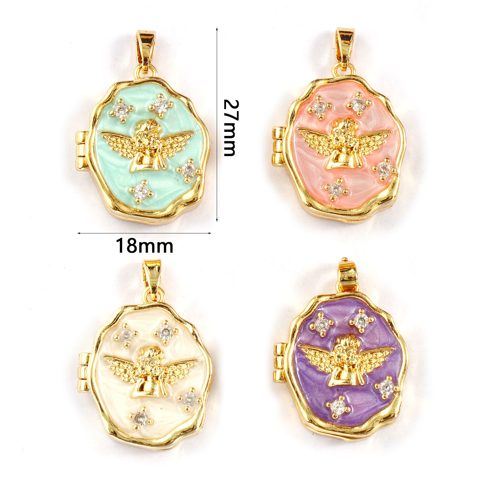 Изображение Brass Religious Picture Photo Locket Frame Pendants 18K Gold Plated Enamel Irregular Angel Can Open Clear Cubic Zirconia 27mm x 18mm