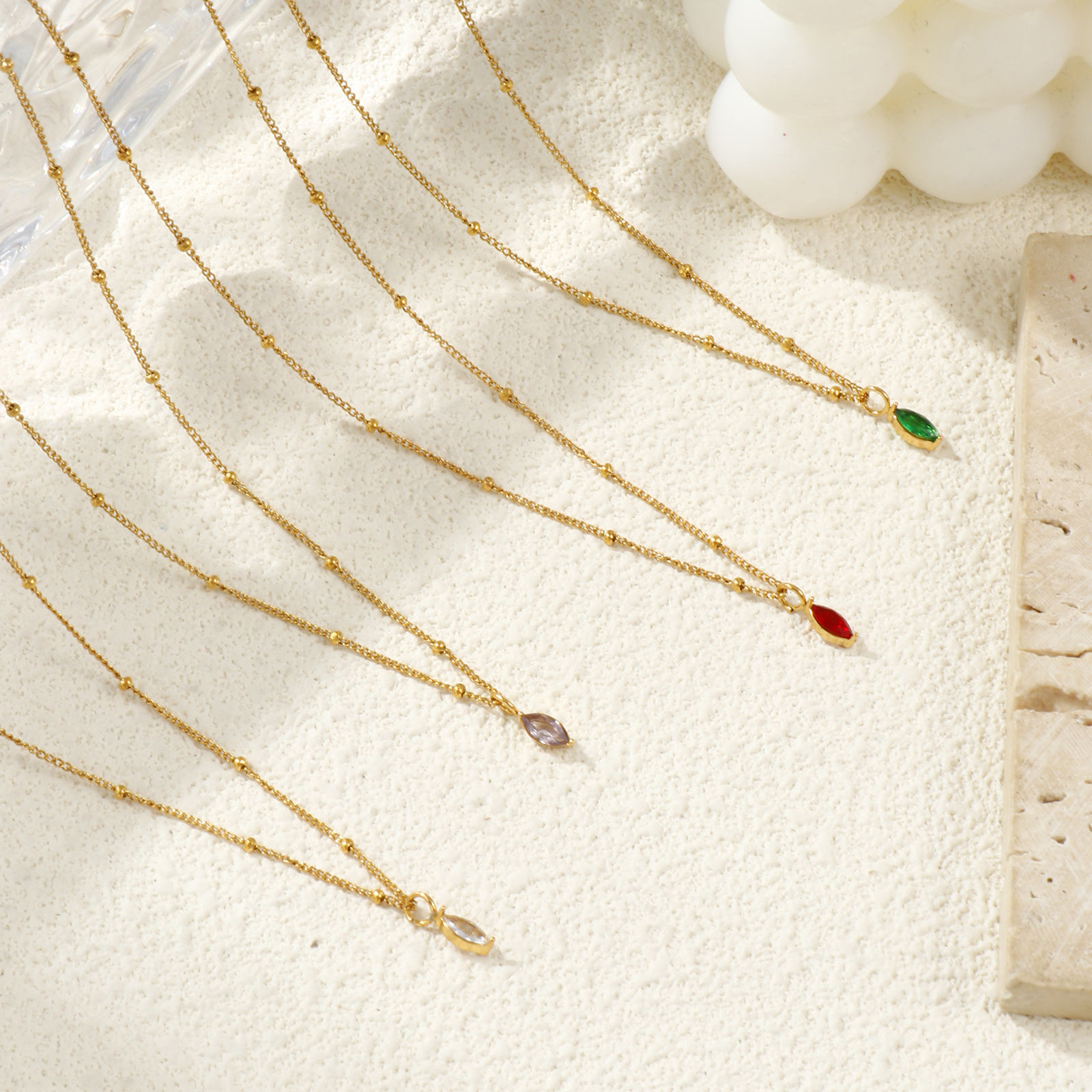 Изображение 18K настоящее золото с покрытием Снаряженные Цепи овальный Ожерелье с подвеской, 304 Нержавеющая Сталь & Циркон 45см + 5см, Для женщин, Камень рождения Стильный подарок, Экологичное вакуумное PVD-покрытие, 1 ШТ