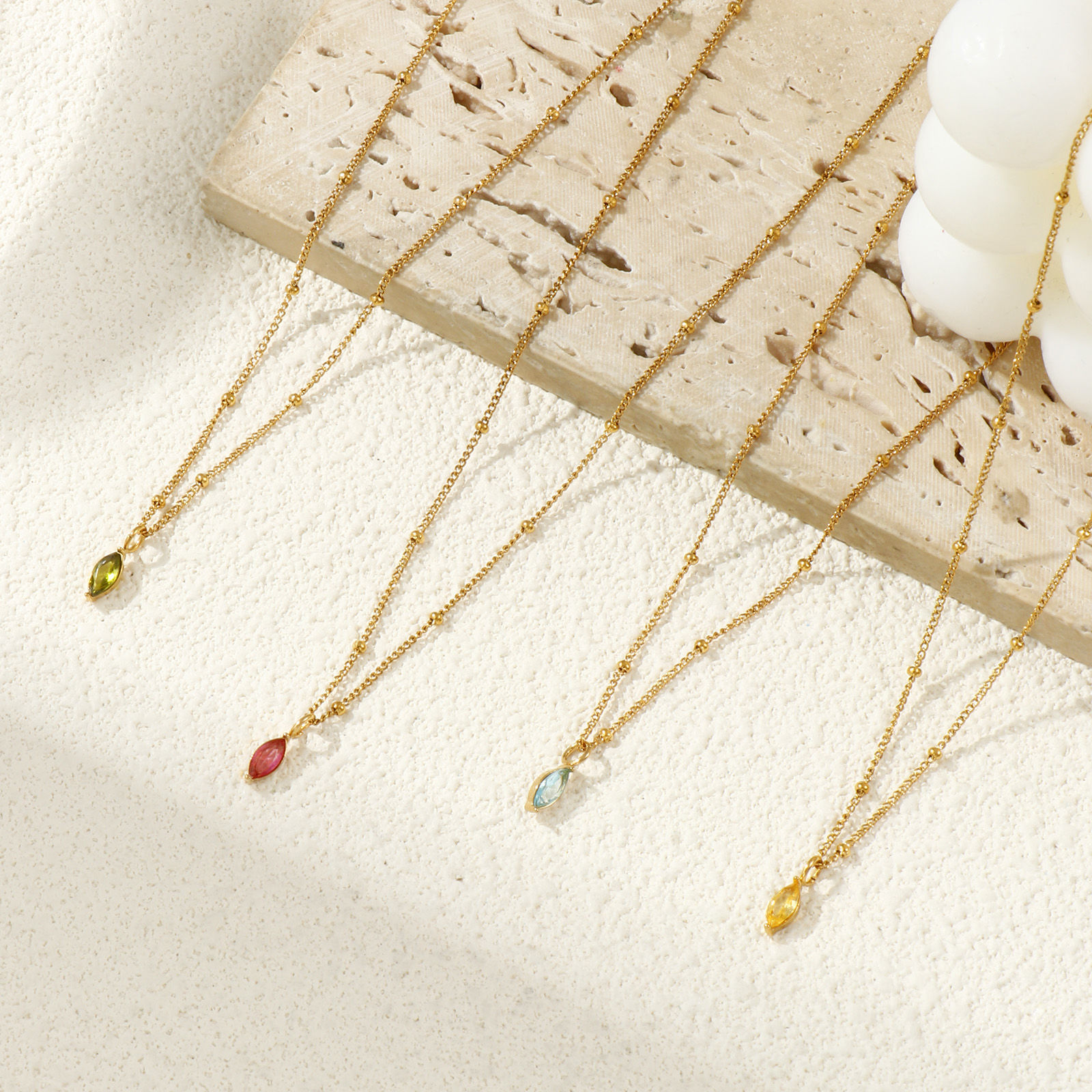 Изображение 18K настоящее золото с покрытием Снаряженные Цепи овальный Ожерелье с подвеской, 304 Нержавеющая Сталь & Циркон 45см + 5см, Для женщин, Камень рождения Стильный подарок, Экологичное вакуумное PVD-покрытие, 1 ШТ