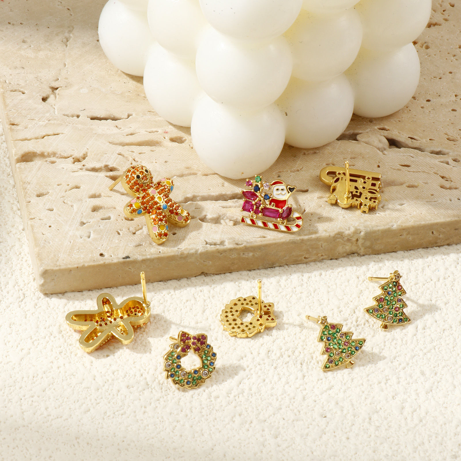 Изображение Sweet & Cute Exquisite 18K Gold Plated Brass & Cubic Zirconia Christmas Ear Post Stud Earrings For Women Gift