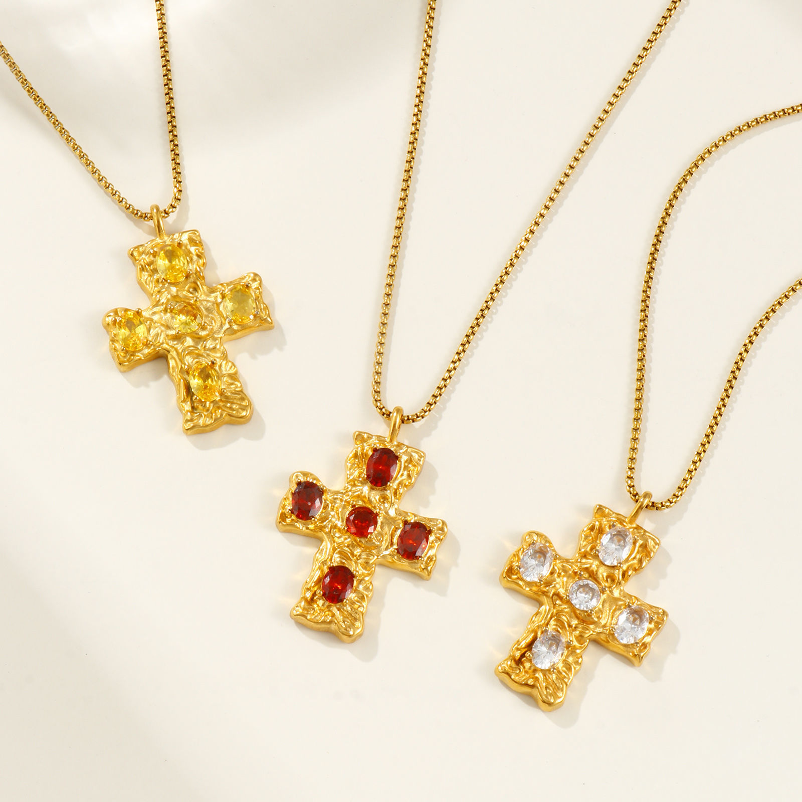 18Kゴールドメッキ ボックスチェーン クロス十字架 ペンダントネックレス、 304ステンレス＆ジルコン 45cm + 5cm、 女性のため、 宗教 レトロ ビンテージ プレゼント、 エコフレンドリー PVD真空メッキ、 1 本 の画像