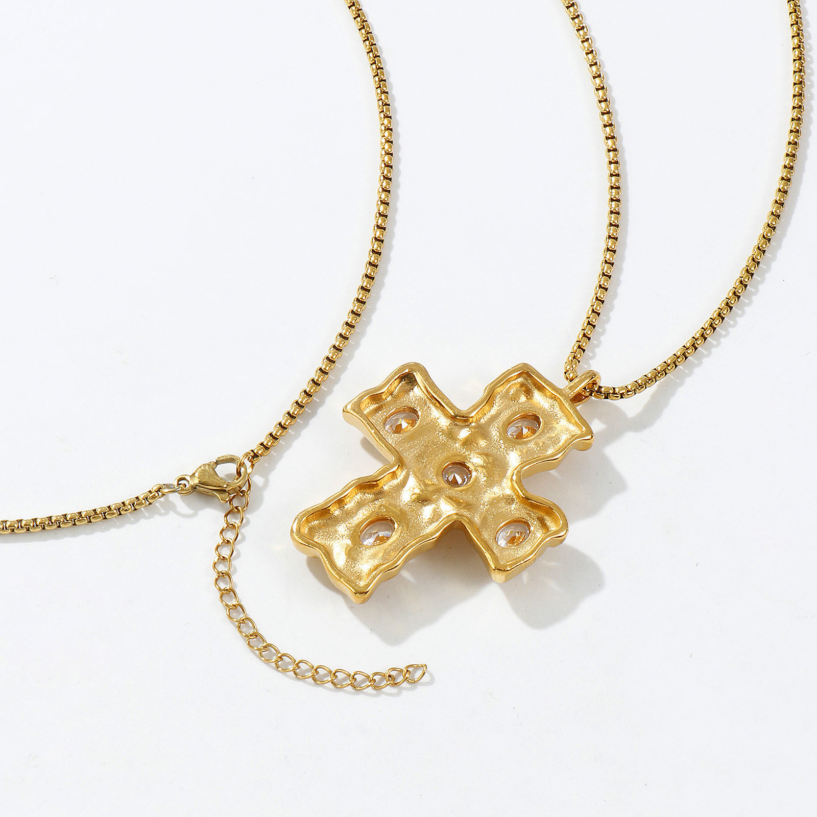 18Kゴールドメッキ ボックスチェーン クロス十字架 ペンダントネックレス、 304ステンレス＆ジルコン 45cm + 5cm、 女性のため、 宗教 レトロ ビンテージ プレゼント、 エコフレンドリー PVD真空メッキ、 1 本 の画像