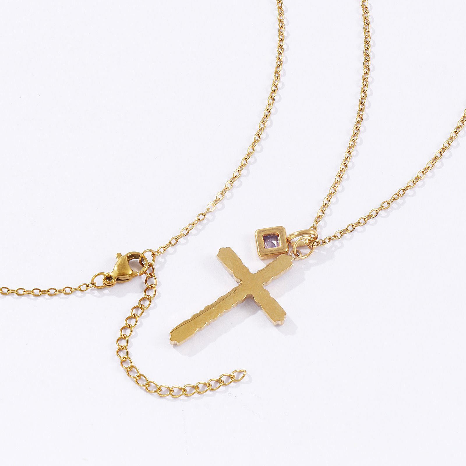 Изображение 18K настоящее золото с покрытием Кабельные Цепи Крест Ожерелье с подвеской, 304 Нержавеющая Сталь 45см + 5см, Для женщин, Прозрачный Искусственный Циркон Камень рождения Ретро подарок, Экологичное вакуумное PVD-покрытие, 1 ШТ