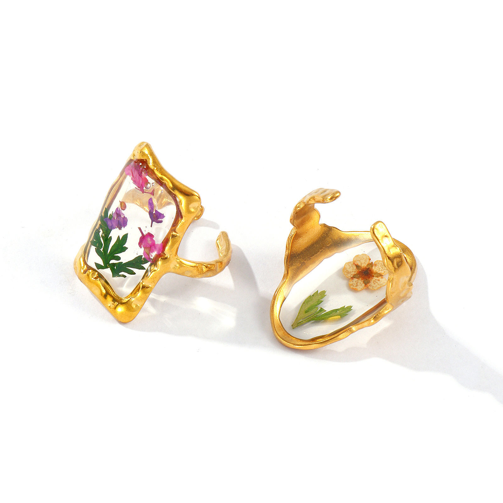 Picture of 1 Piece Eco-friendly PVD Vacuum Plating Stylish Handmade Resin Jewelry Real Flower 18K Real Gold Plated Multicolor 304 Stainless Steel Open Adjustable Geometric Rings For Women Gift