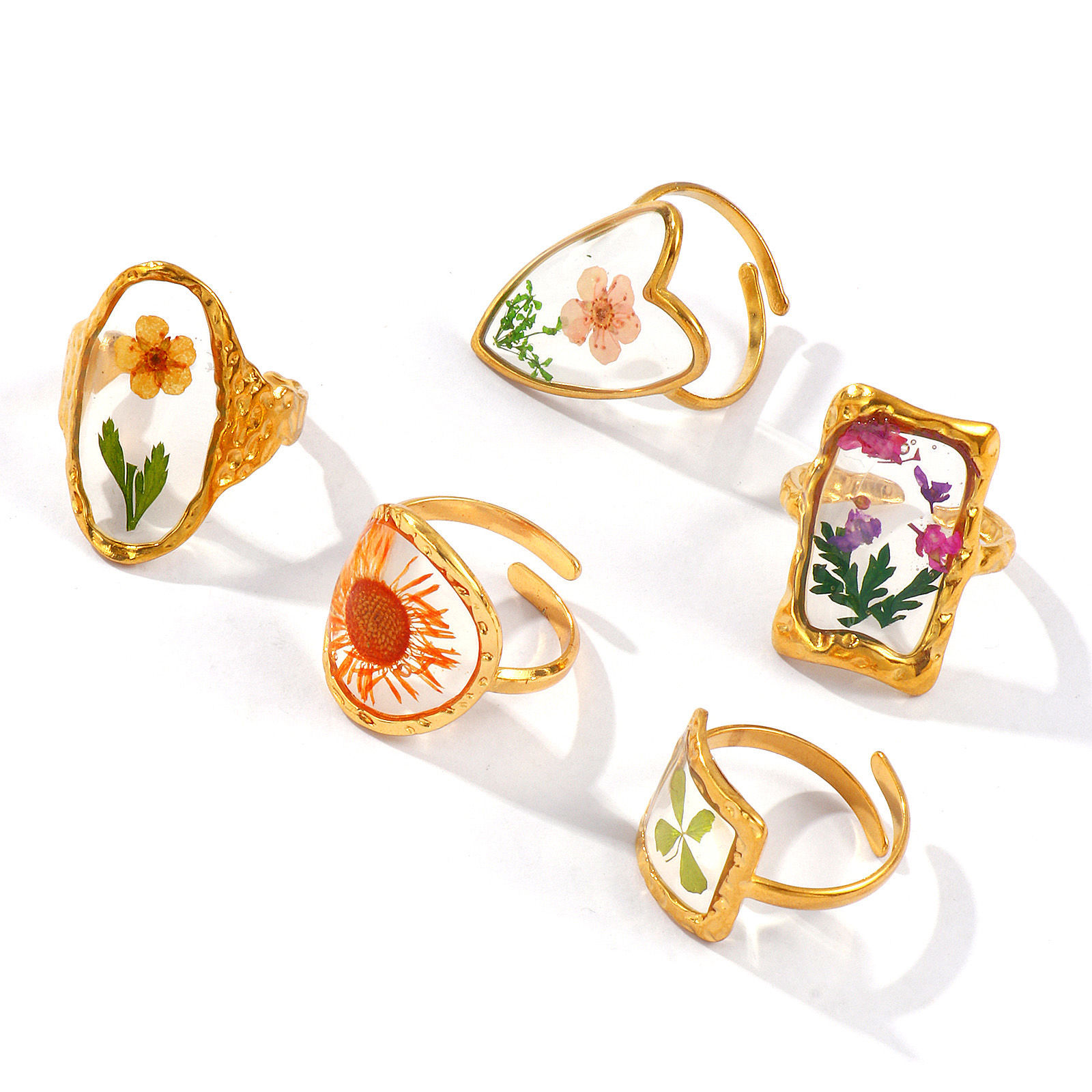 Picture of 1 Piece Eco-friendly PVD Vacuum Plating Stylish Handmade Resin Jewelry Real Flower 18K Real Gold Plated Multicolor 304 Stainless Steel Open Adjustable Geometric Rings For Women Gift