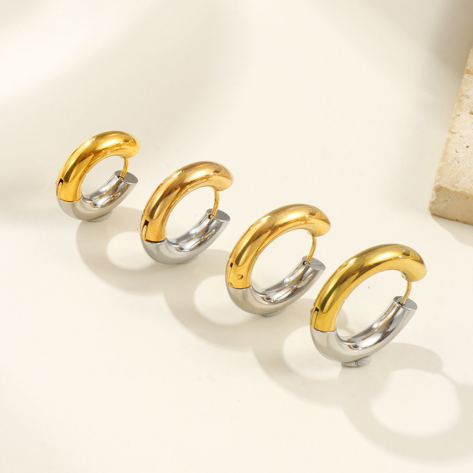 Picture of 1 Pair Eco-friendly PVD Vacuum Plating Minimalist Exquisite 18K Real Gold Plated & Silver Tone 304 Stainless Steel Two Tone Hoop Earrings For Women Gift Post/ Wire Size: 1mm(18 gauge)