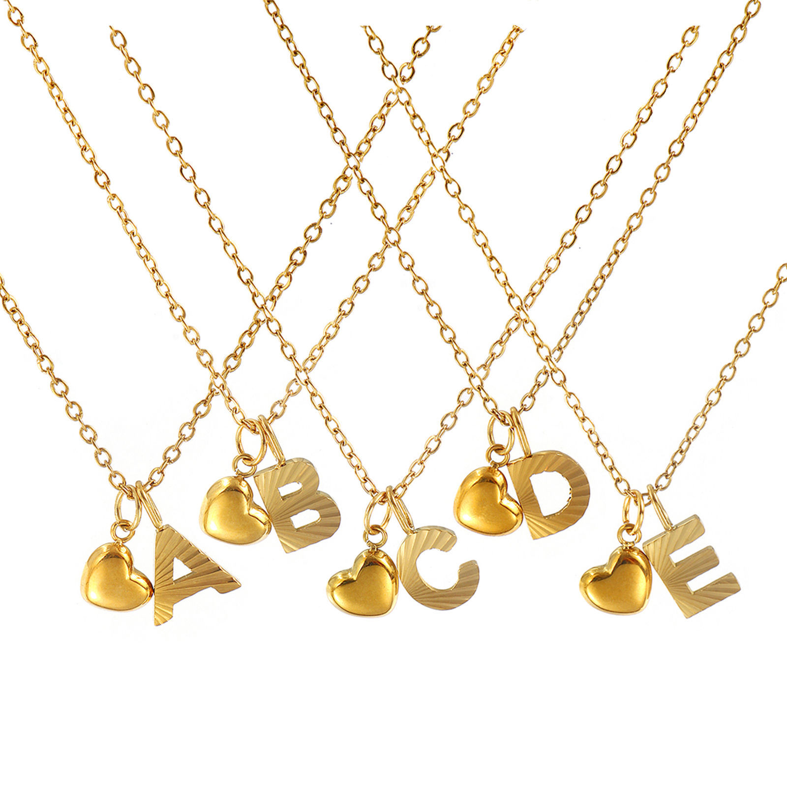 Изображение 18K настоящее золото с покрытием Кабельные Цепи Сердце Ожерелье с подвеской, 304 Нержавеющая Сталь 45см + 5см, Для женщин, Сообщение " A-Z " День святого Валентина Стильный подарок, Экологичное вакуумное PVD-покрытие, 1 ШТ