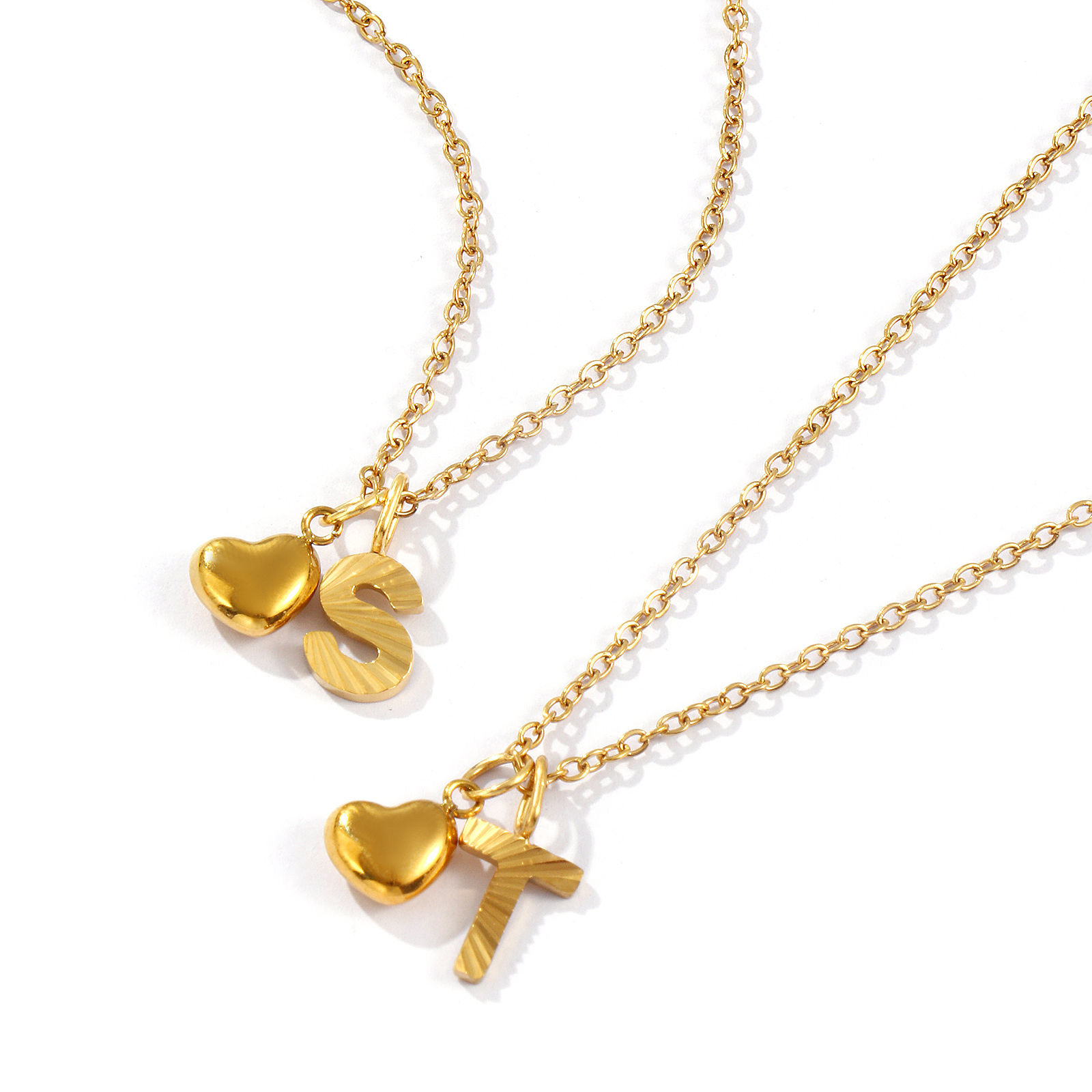 Изображение 18K настоящее золото с покрытием Кабельные Цепи Сердце Ожерелье с подвеской, 304 Нержавеющая Сталь 45см + 5см, Для женщин, Сообщение " A-Z " День святого Валентина Стильный подарок, Экологичное вакуумное PVD-покрытие, 1 ШТ