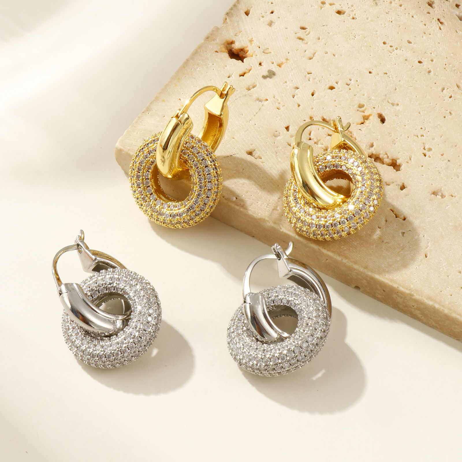 Изображение 1 Pair Eco-friendly Stylish Exquisite 18K Real Gold Plated Brass & Cubic Zirconia Circle Ring Micro Pave Earrings For Women Gift 3.4cm x 2.3cm, Post/ Wire Size: 0.6mm(23 gauge)