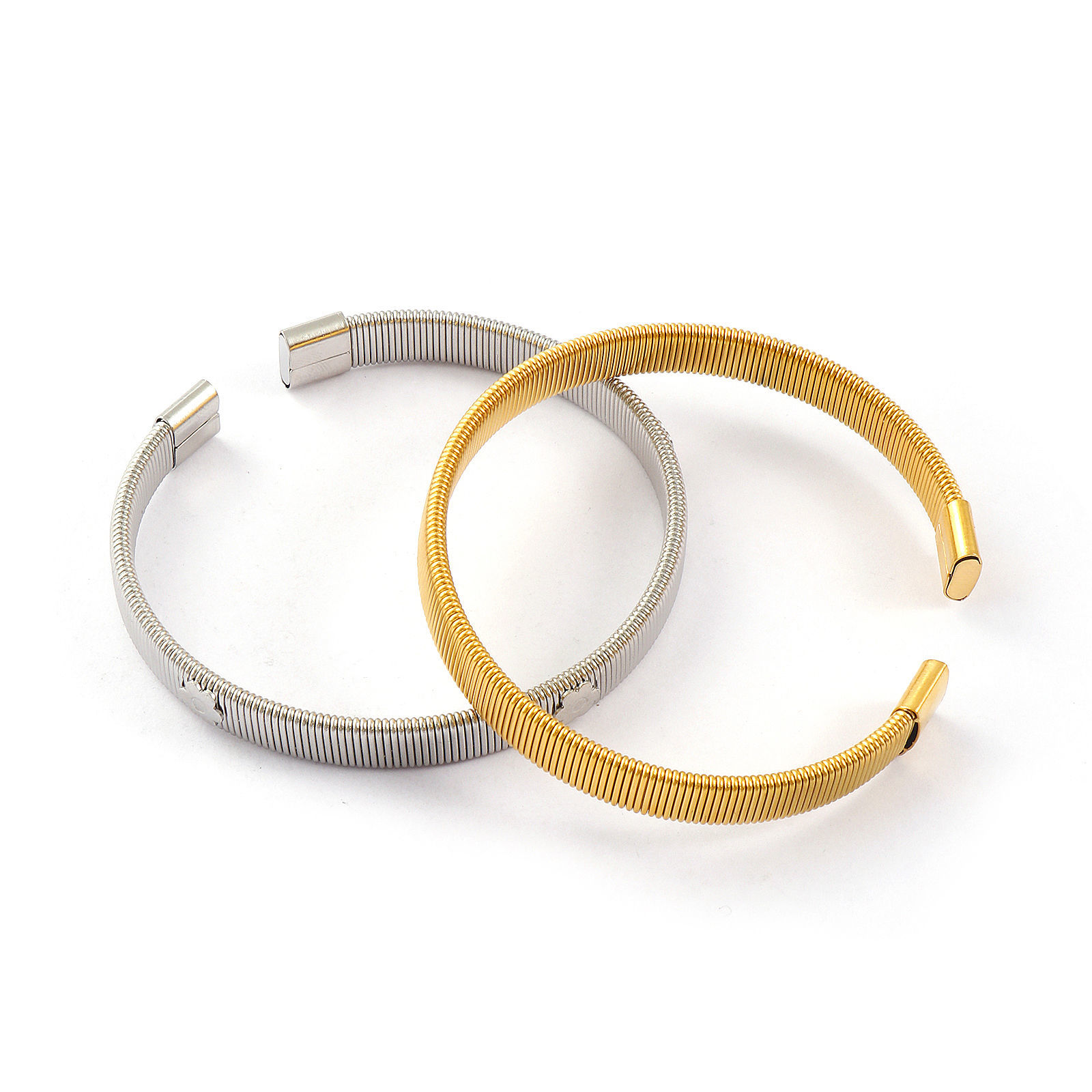 Изображение 1 ШТ Экологичный Минималистский Изысканный настоящее золото с покрытием 304 Нержавеющая Сталь С Полосами Полуоткрытый Браслет Для женщин подарок 19см длина