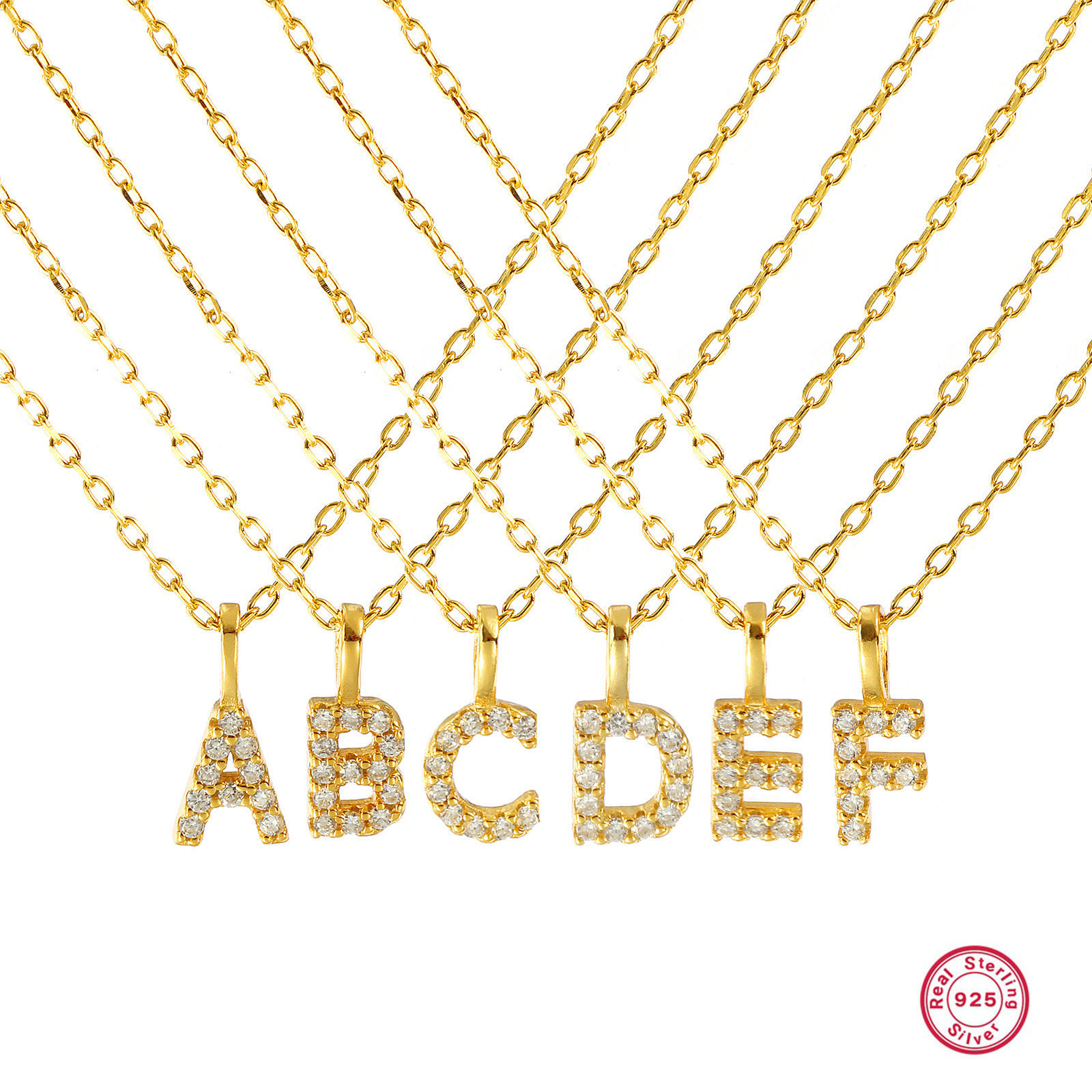 Picture of 1 Piece Sterling Silver Capital Alphabet Initial Letter Name Pendant Charm Necklace 18K Gold Plated Message " A-Z " Clear Cubic Zirconia 45cm(17.7") long