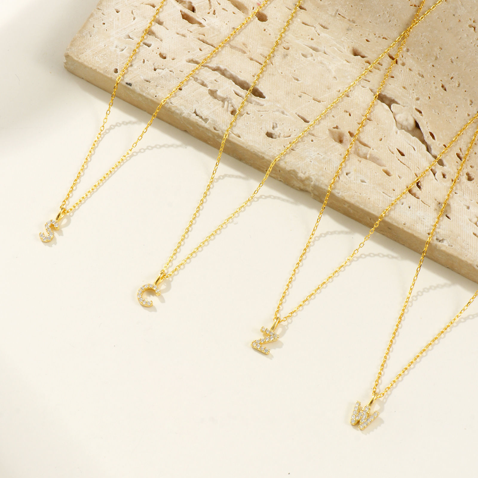 Picture of 1 Piece Sterling Silver Capital Alphabet Initial Letter Name Pendant Charm Necklace 18K Gold Plated Message " A-Z " Clear Cubic Zirconia 45cm(17.7") long