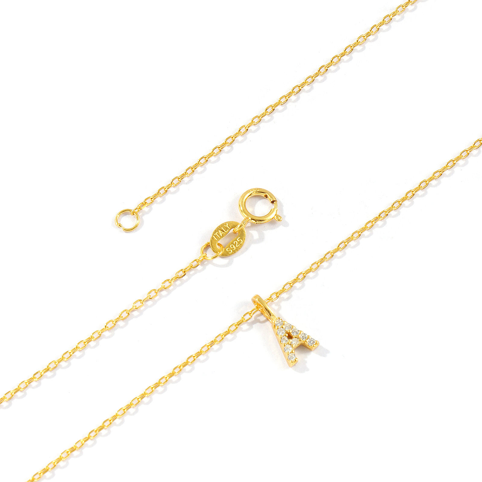 Picture of 1 Piece Sterling Silver Capital Alphabet Initial Letter Name Pendant Charm Necklace 18K Gold Plated Message " A-Z " Clear Cubic Zirconia 45cm(17.7") long