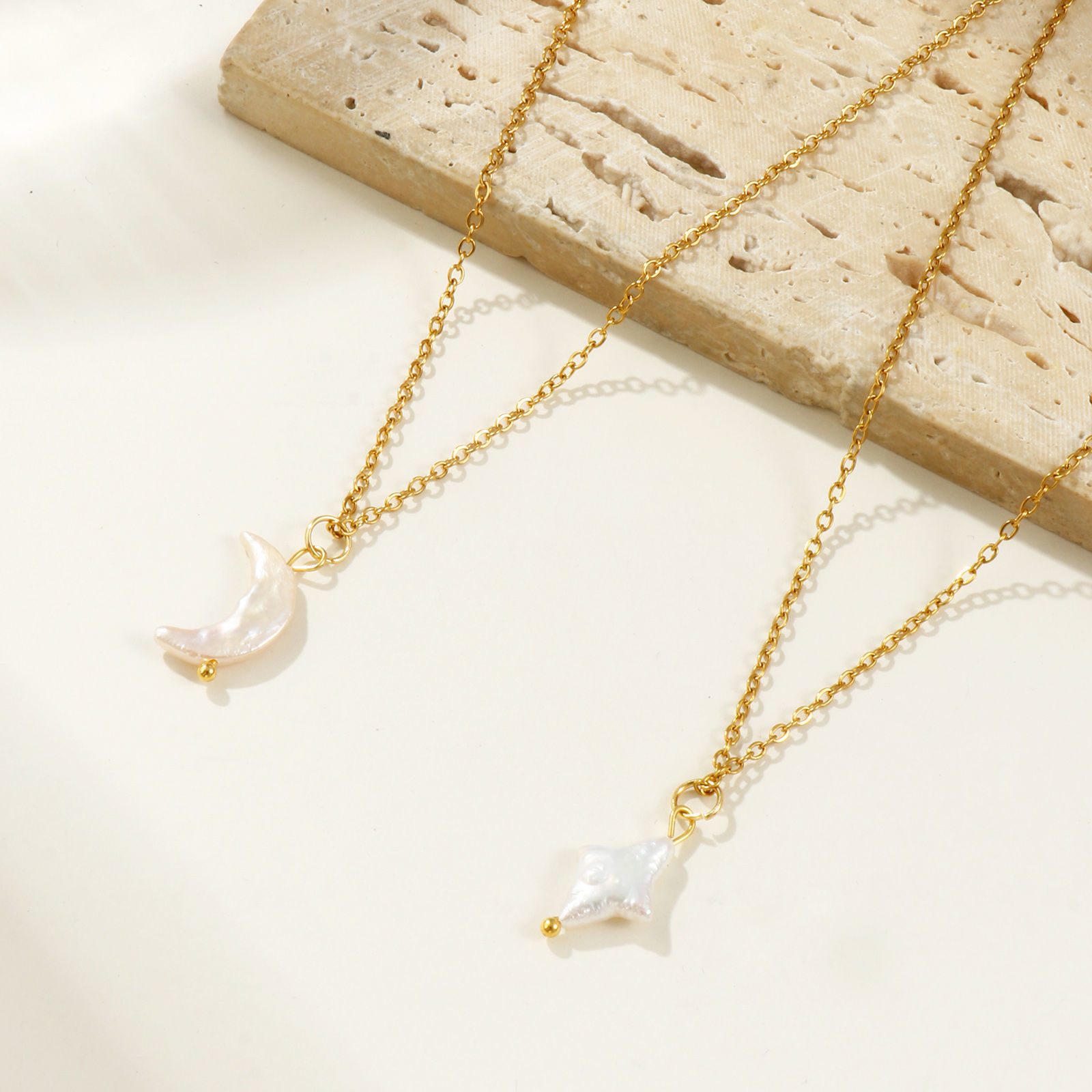 Picture of 18K Real Gold Plated Link Cable Chain Pendant Charm Necklace, 304 Stainless Steel & Natural Pearl 45cm(17.7") + 5cm(2"), For Women, White Baroque Dainty Gift, Eco-friendly PVD Vacuum Plating, 1 Piece