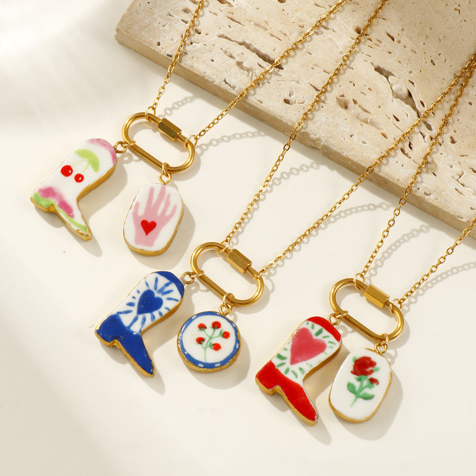 Изображение Gold Plated Link Cable Chain Boots Pendant Charm Necklace, 304 Stainless Steel & Ceramic 47cm(18.5") + 5cm(2"), For Women, Multicolor West Cowboy Sweet & Cute Gift, Vacuum Plating, 1 Piece