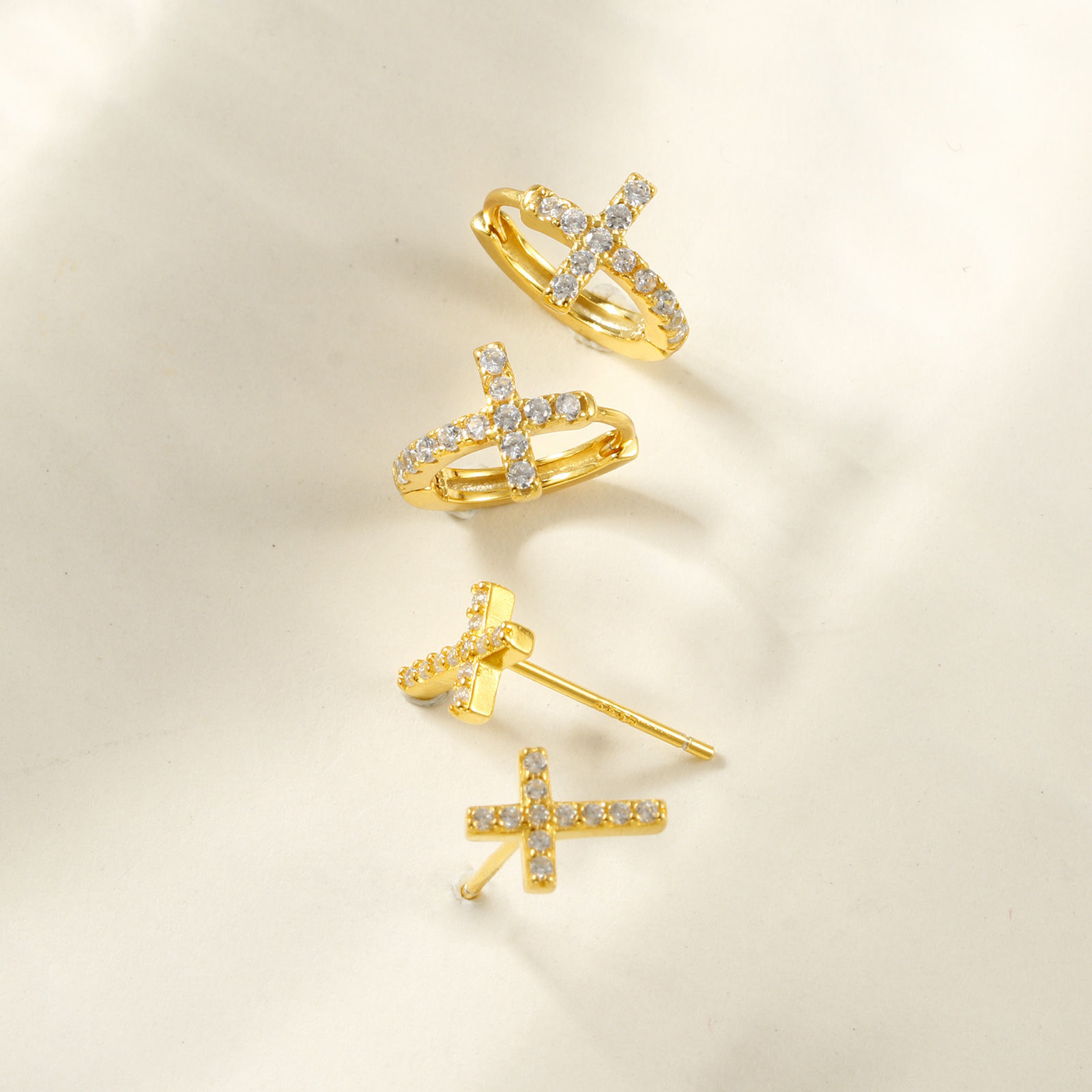 Bild von Sterling Silber Religiös Hoop Ohrringe Vergoldet Klar Kubisch Zirkonia Micro Pave