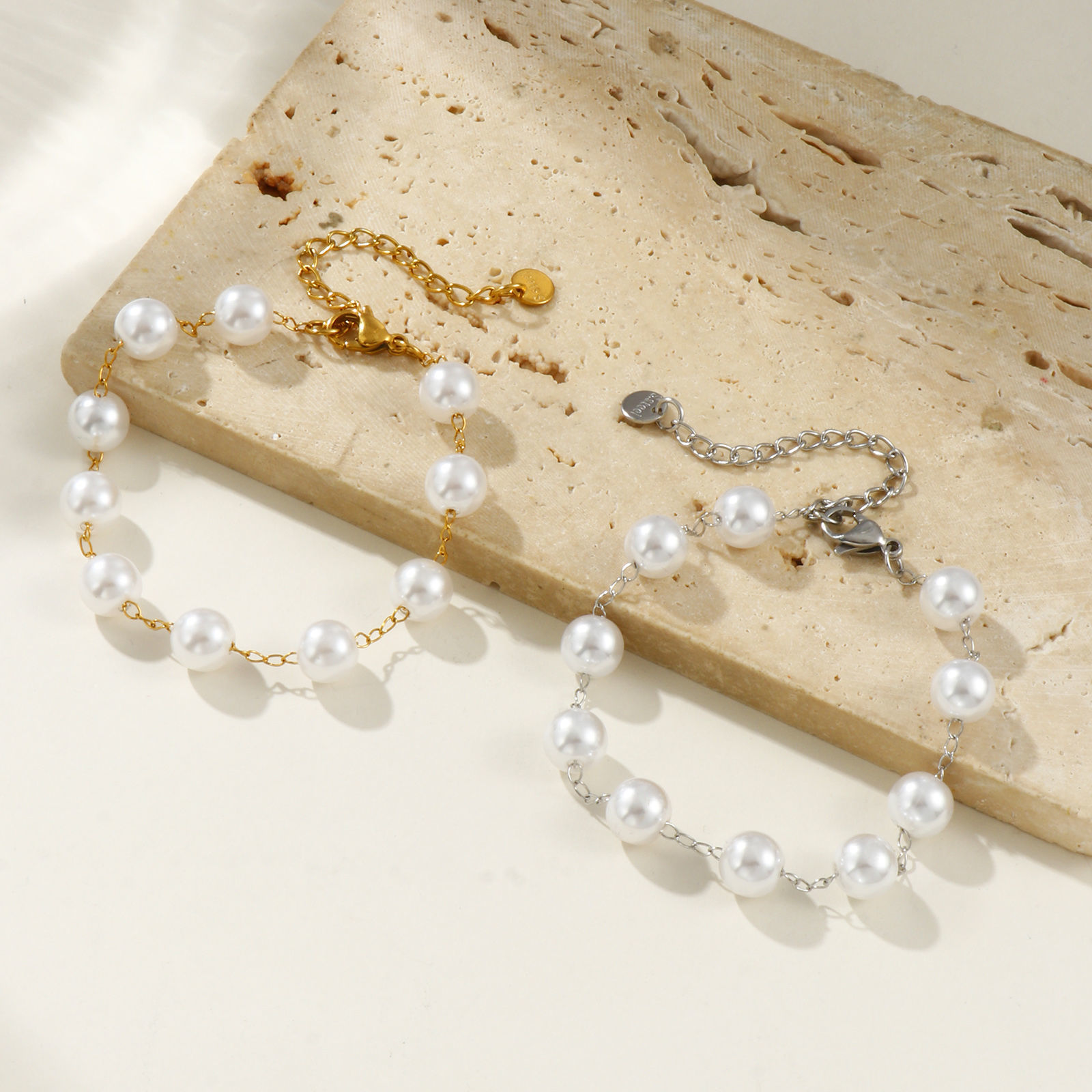 Picture of Eco-friendly Dainty Exquisite Multicolor White 304 Stainless Steel & Acrylic Beaded Chain Bracelets For Women Gift 18cm(7.1") long