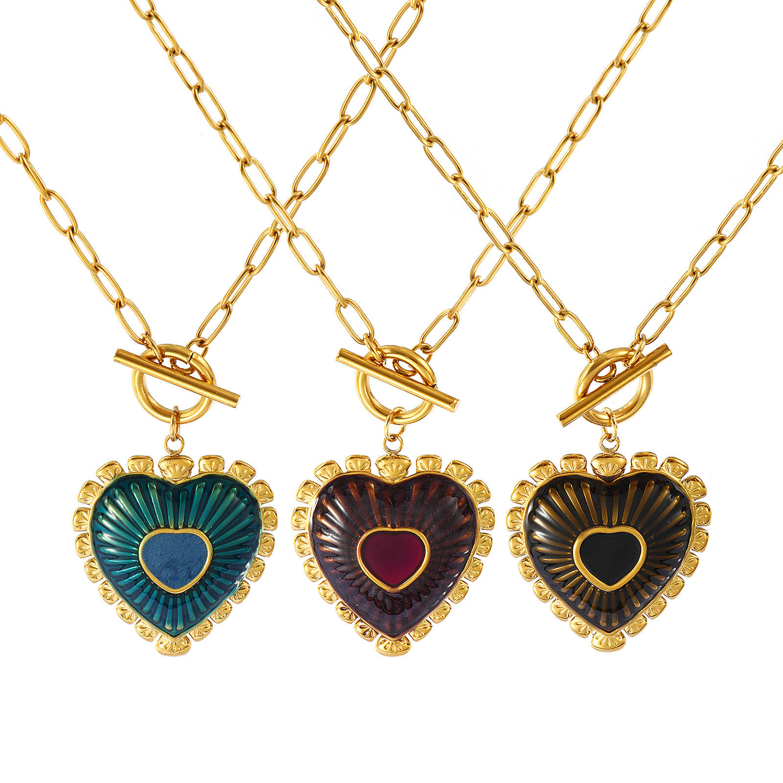 Picture of 18K Real Gold Plated Paperclip Link Chain Heart Pendant Charm Necklace, 304 Stainless Steel 45cm(17.7"), For Women, Enamel Valentine's Day Dainty Gift, Eco-friendly PVD Vacuum Plating