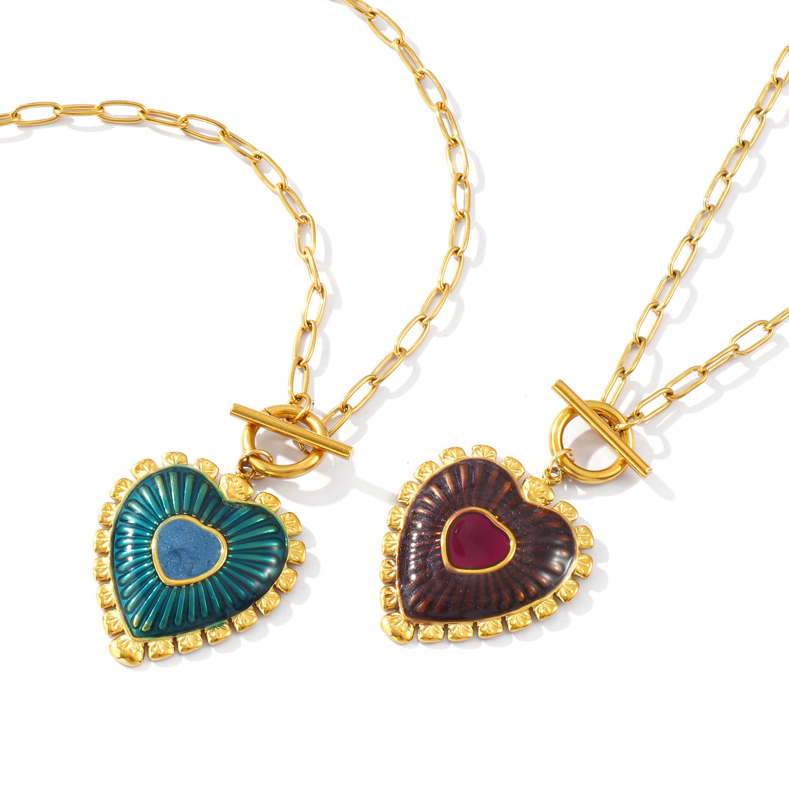 Picture of 18K Real Gold Plated Paperclip Link Chain Heart Pendant Charm Necklace, 304 Stainless Steel 45cm(17.7"), For Women, Enamel Valentine's Day Dainty Gift, Eco-friendly PVD Vacuum Plating