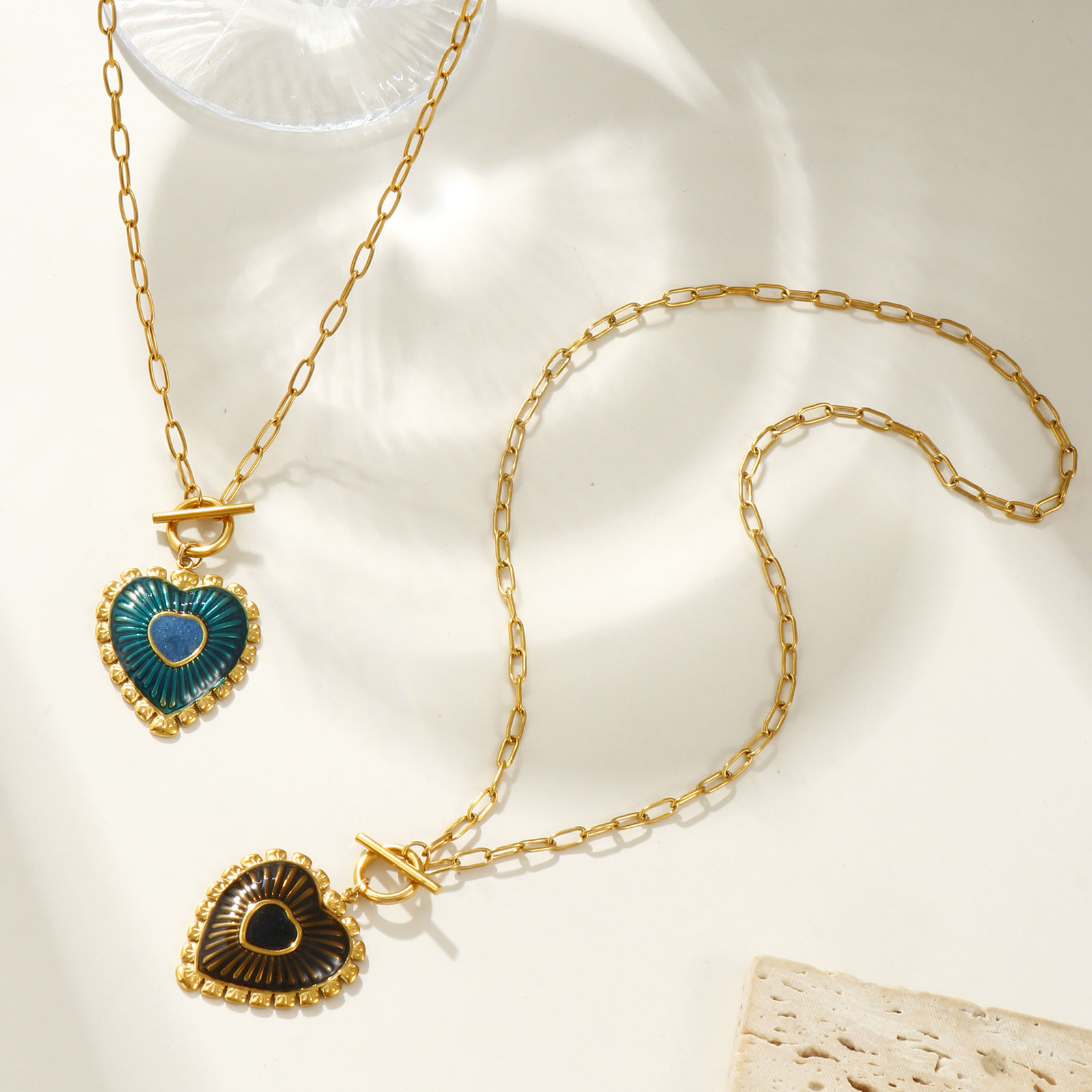 Picture of 18K Real Gold Plated Paperclip Link Chain Heart Pendant Charm Necklace, 304 Stainless Steel 45cm(17.7"), For Women, Enamel Valentine's Day Dainty Gift, Eco-friendly PVD Vacuum Plating