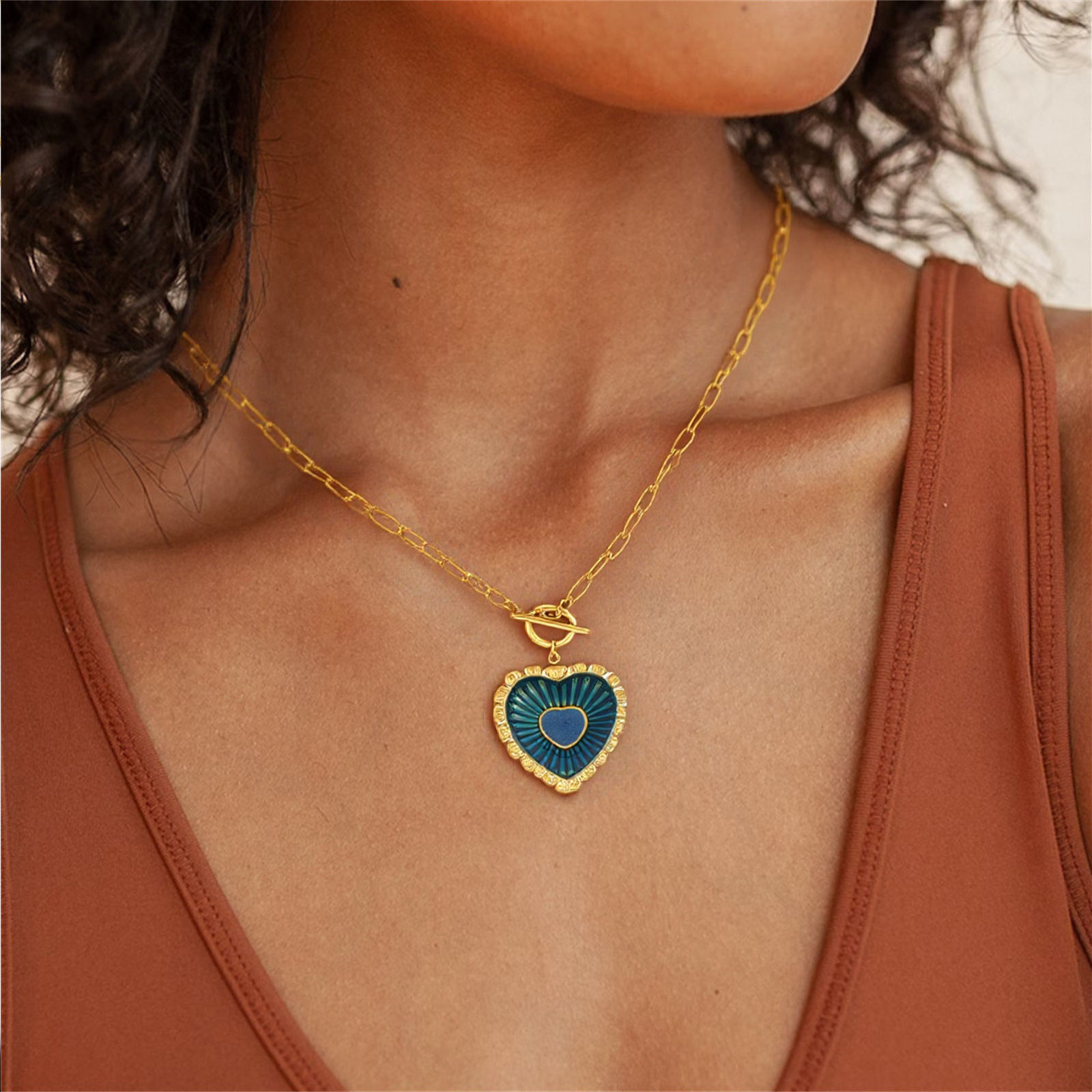 Picture of 18K Real Gold Plated Paperclip Link Chain Heart Pendant Charm Necklace, 304 Stainless Steel 45cm(17.7"), For Women, Enamel Valentine's Day Dainty Gift, Eco-friendly PVD Vacuum Plating