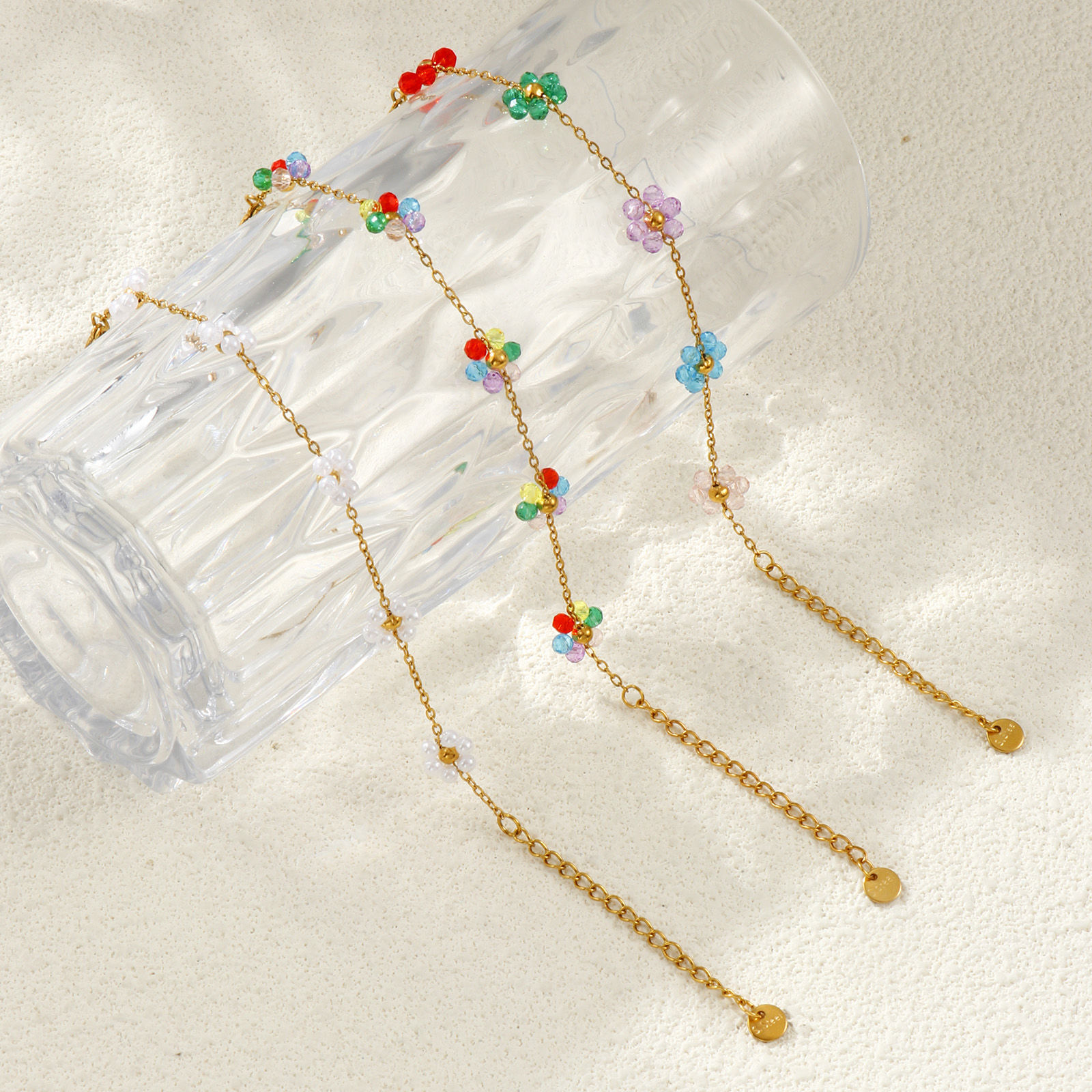 1 本 エコフレンドリー PVD真空メッキ 甘くてかわいい 素敵 18Kリアルゴールドメッキ 多色 304ステンレス鋼 小豆チェーン・あづきチェーン フラワー ビーズブレスレット 女性のため プレゼント 15cm長さ、 の画像