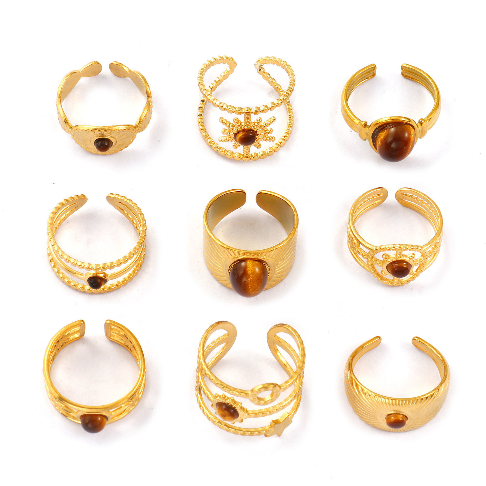 Изображение 1 Piece Eco-friendly PVD Vacuum Plating Stylish Retro 18K Real Gold Plated Brown 304 Stainless Steel & Gemstone Open Adjustable Rings For Women Gift