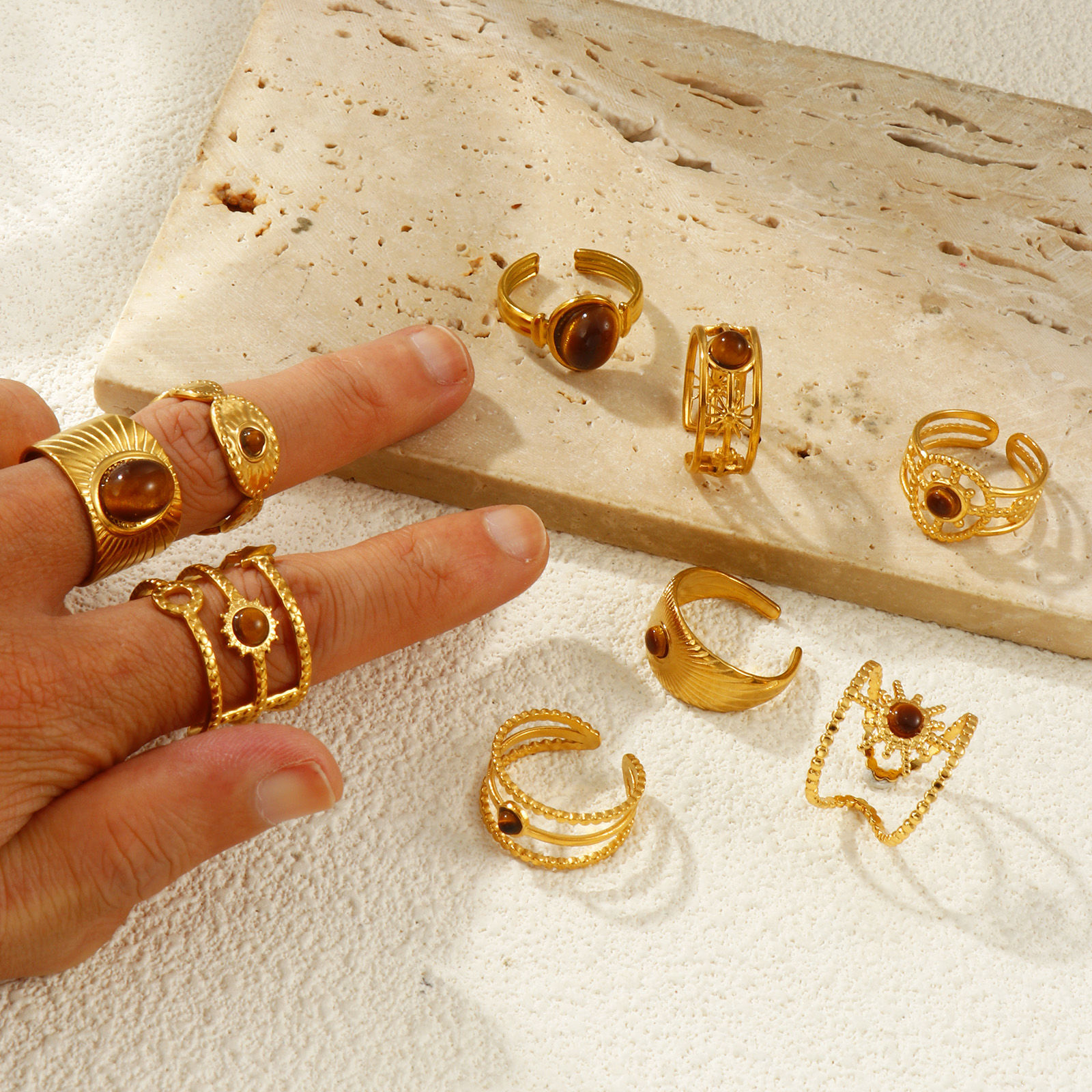 Изображение 1 Piece Eco-friendly PVD Vacuum Plating Stylish Retro 18K Real Gold Plated Brown 304 Stainless Steel & Gemstone Open Adjustable Rings For Women Gift