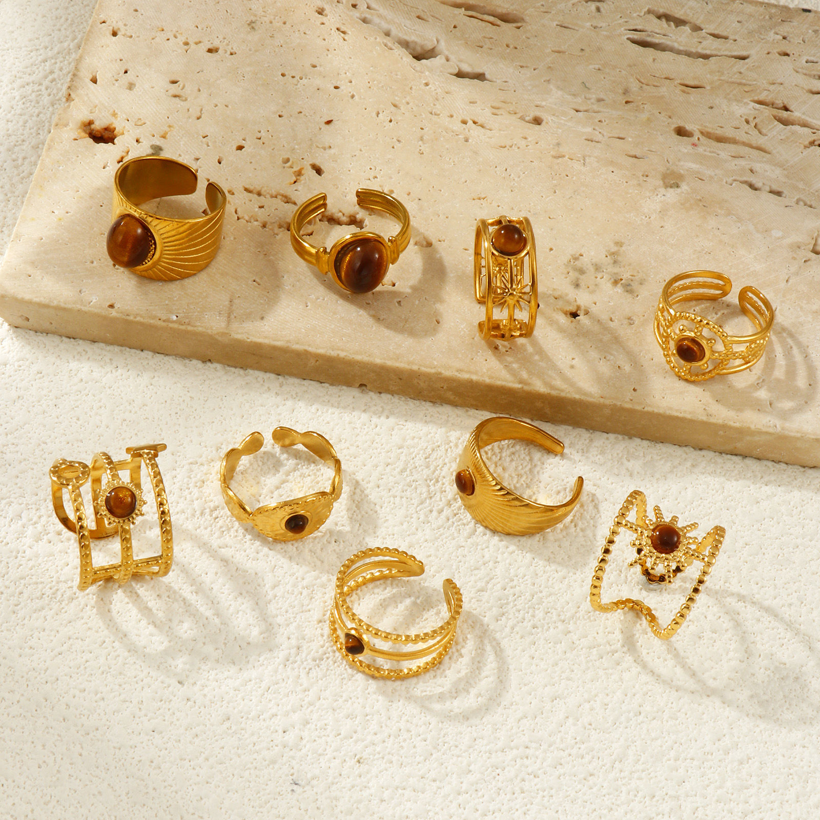 Изображение 1 Piece Eco-friendly PVD Vacuum Plating Stylish Retro 18K Real Gold Plated Brown 304 Stainless Steel & Gemstone Open Adjustable Rings For Women Gift