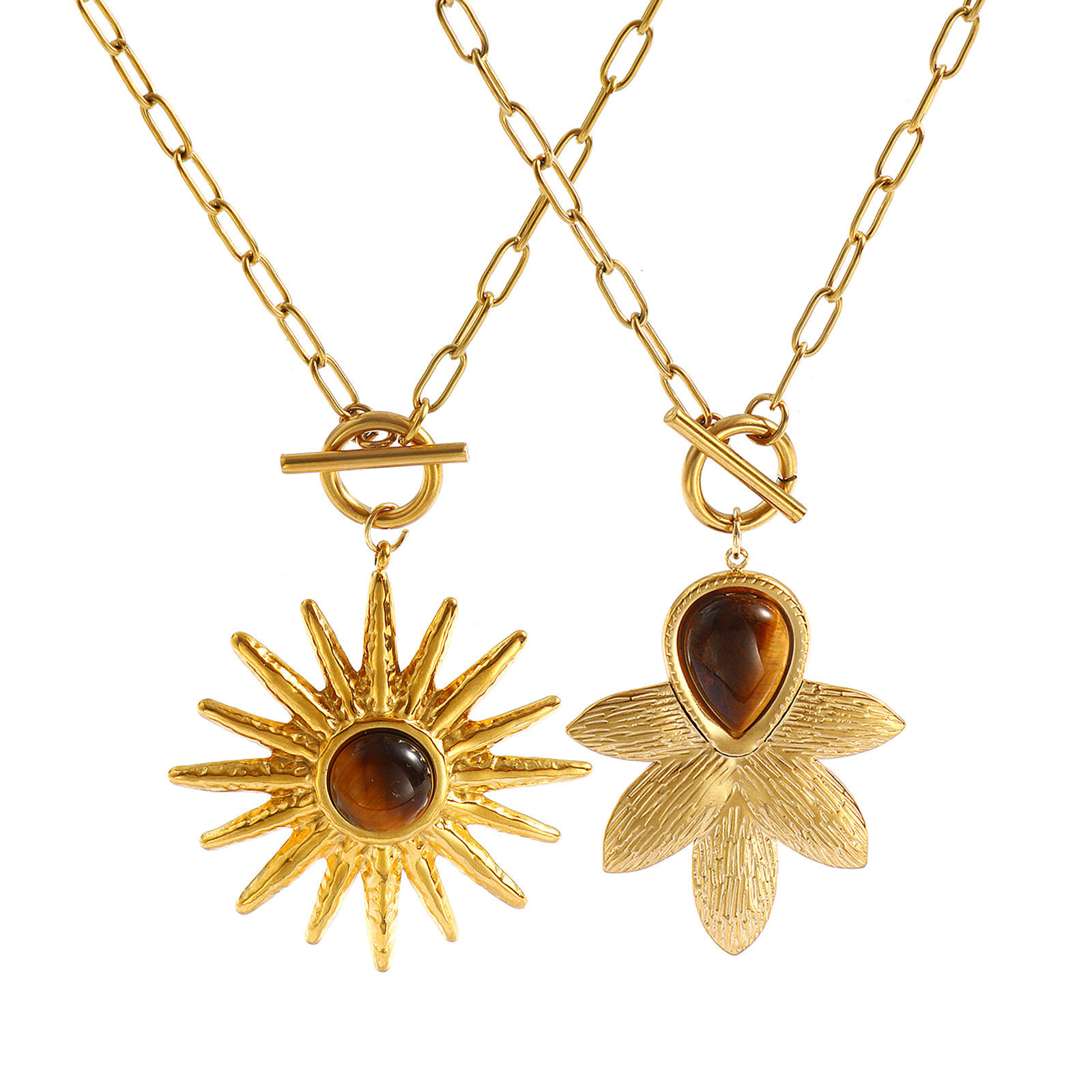 Bild von 18K Echtgold plattiert Büroklammerkette Anhänger Halskette, 304 Edelstahl & Halbedelstein 45cm, Für Frauen, Braun Stilvoll Süß Geschenk, Umweltfreundliche PVD-Vakuumbeschichtung